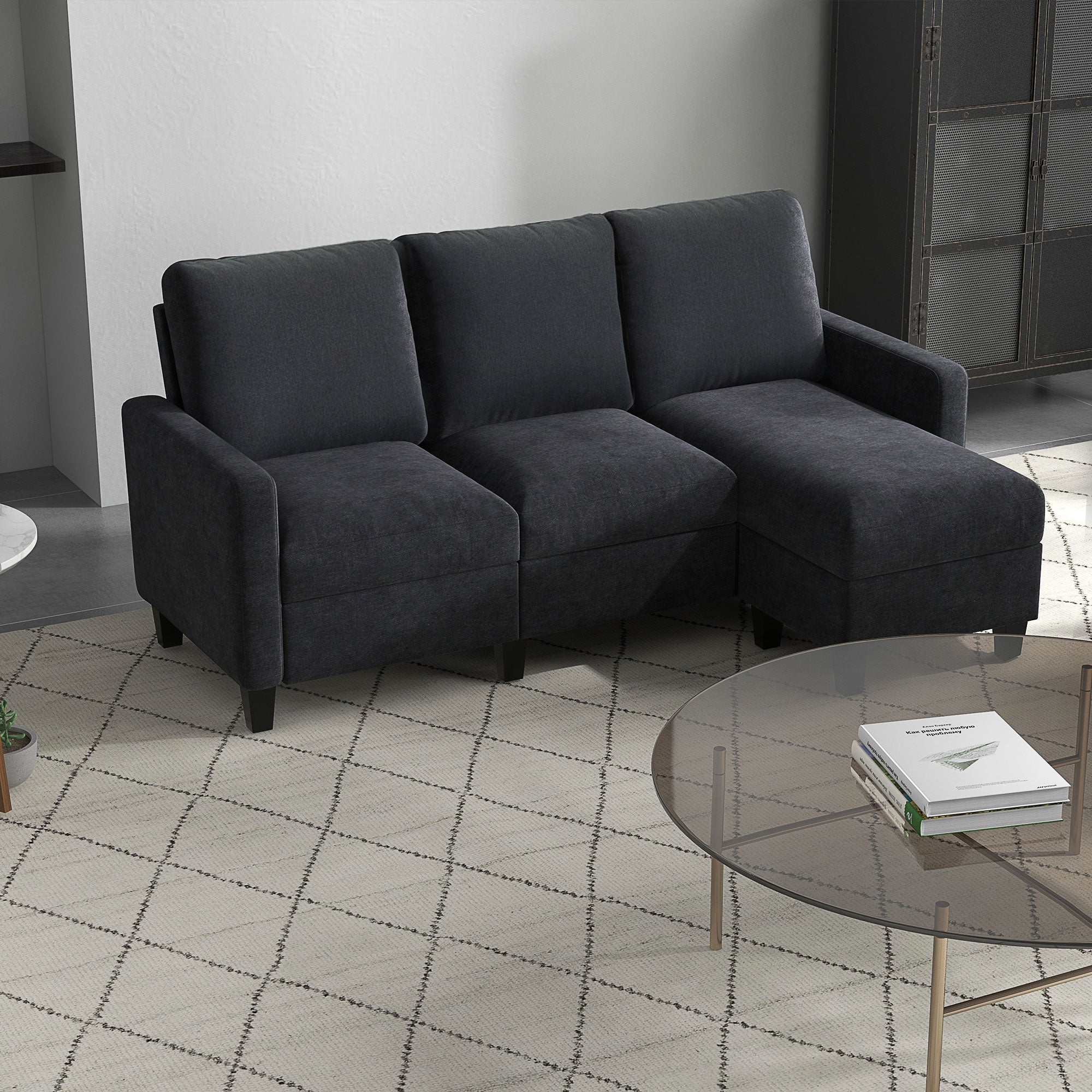 HOMCOM Sectional Sofa, L Shape Couch with Ottoman, Modern Sectional Couch for Living Room, Dark Grey
