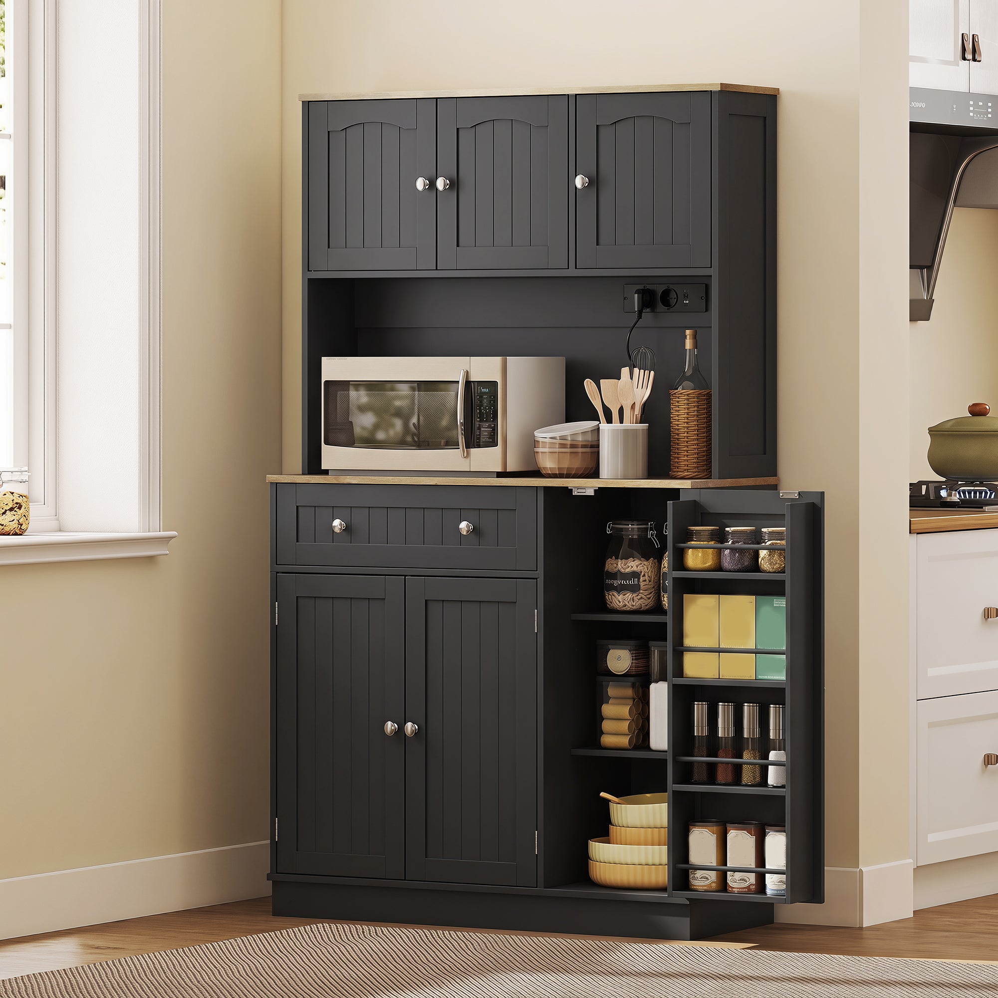 173 cm Tall Kitchen Cupboard with Charging Station, Pantry Storage Cabinet with Microwave Stand, Adjustable Shelves, 4 Door Racks, Farmhouse Kitchen Cabinet for Dining Room, Black