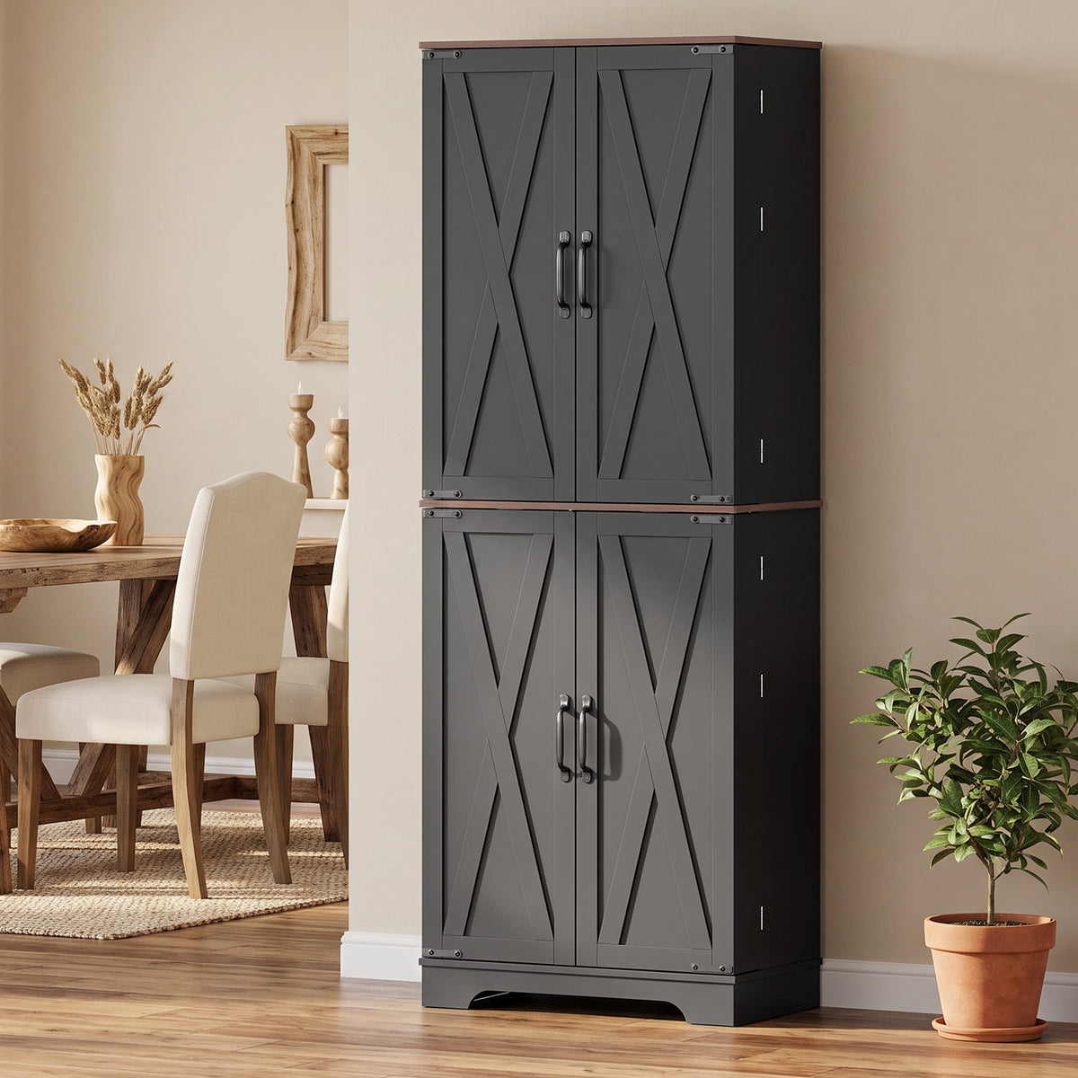65" Tall Kitchen Pantry Cabinet, Adjustable Shelves, Farmhouse Storage Cabinet with 8 Shelves and 16 Door Racks, Freestanding Food Pantry, Barn Doors, Brown Black