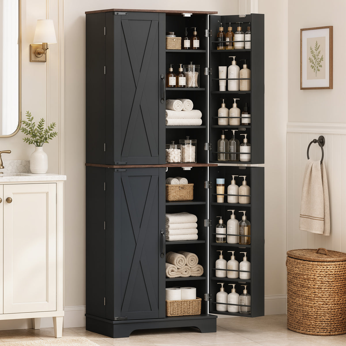 65" Tall Kitchen Pantry Cabinet, Adjustable Shelves, Farmhouse Storage Cabinet with 8 Shelves and 16 Door Racks, Freestanding Food Pantry, Barn Doors, Brown Black