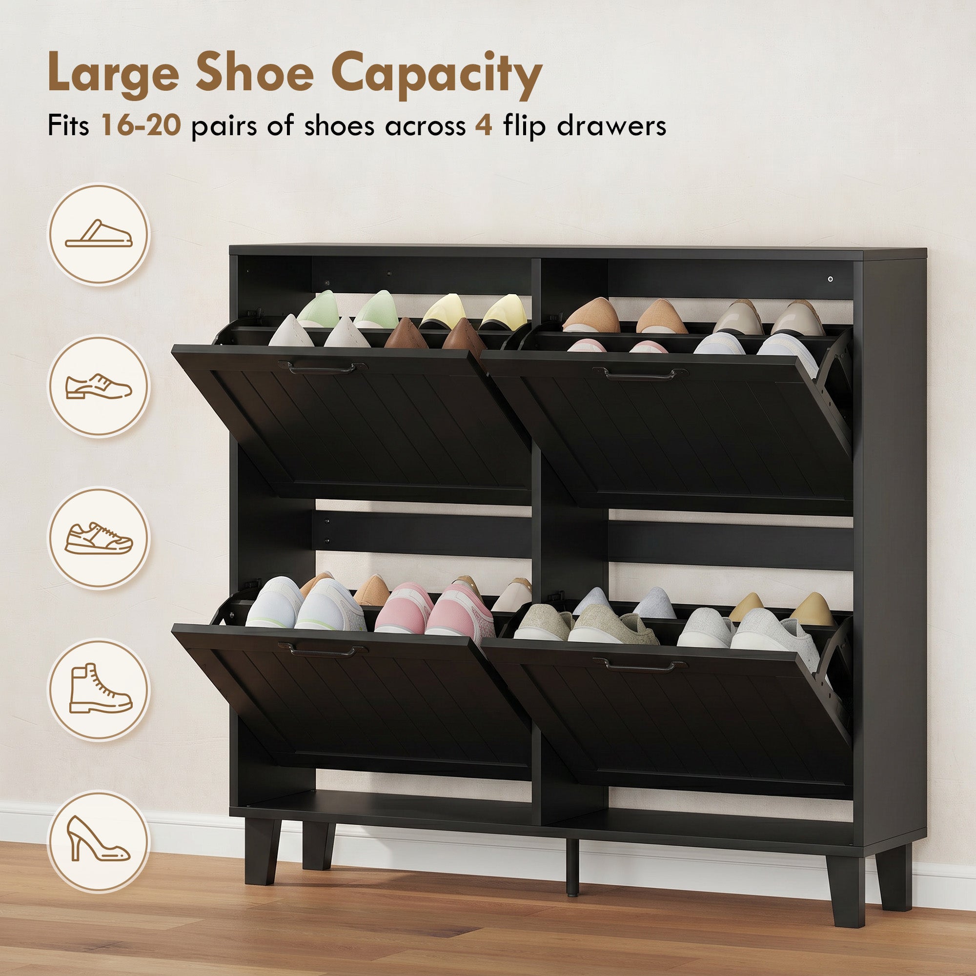Shoe Cabinet with 4 Flip Drawers, Freestanding Narrow Shoe Storage Cabinet with Adjustable Shelves, Open Back, Bamboo Legs for Entryway, Hallway, Holds 16-20 Pairs, Black