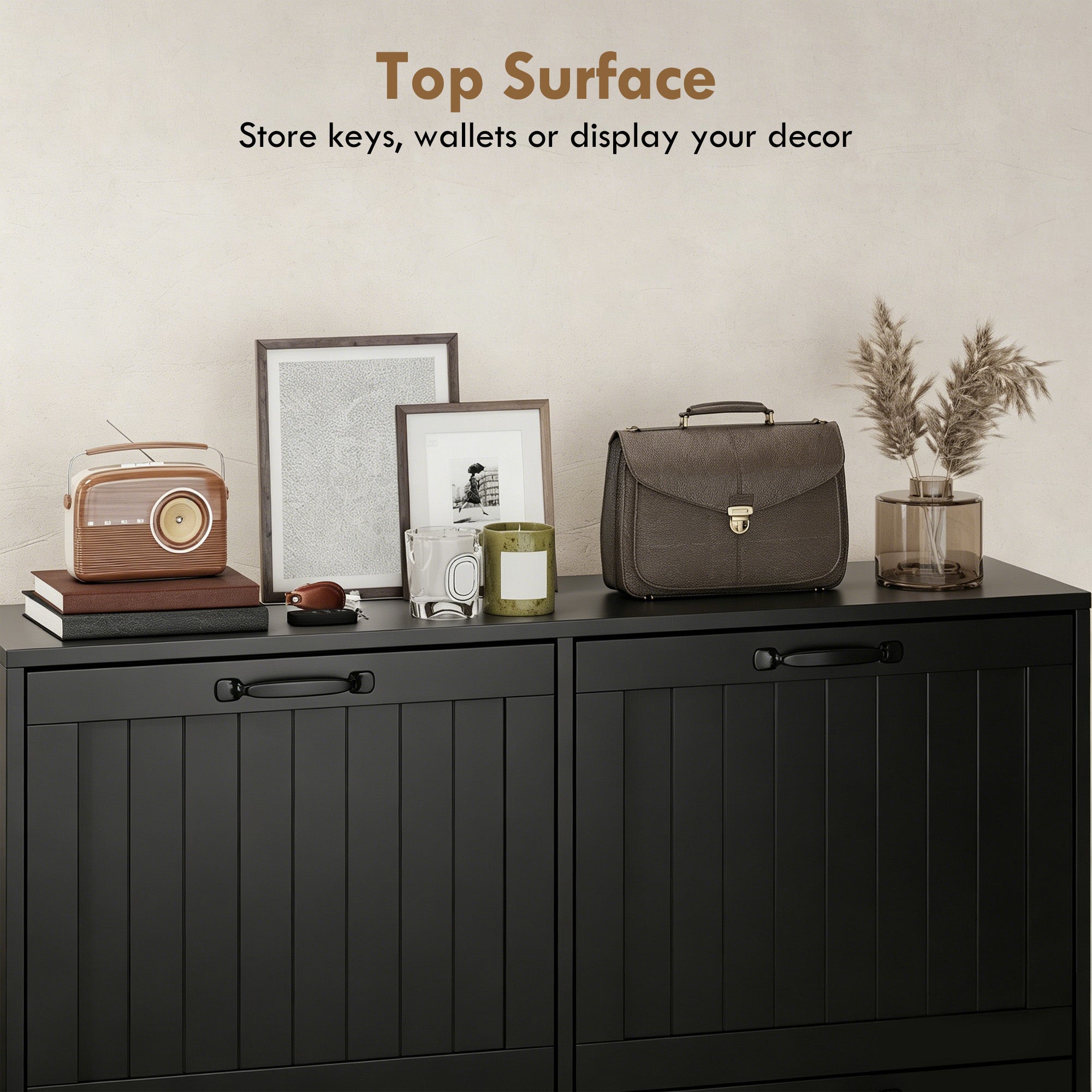 Shoe Cabinet with 4 Flip Drawers, Freestanding Narrow Shoe Storage Cabinet with Adjustable Shelves, Open Back, Bamboo Legs for Entryway, Hallway, Holds 16-20 Pairs, Black