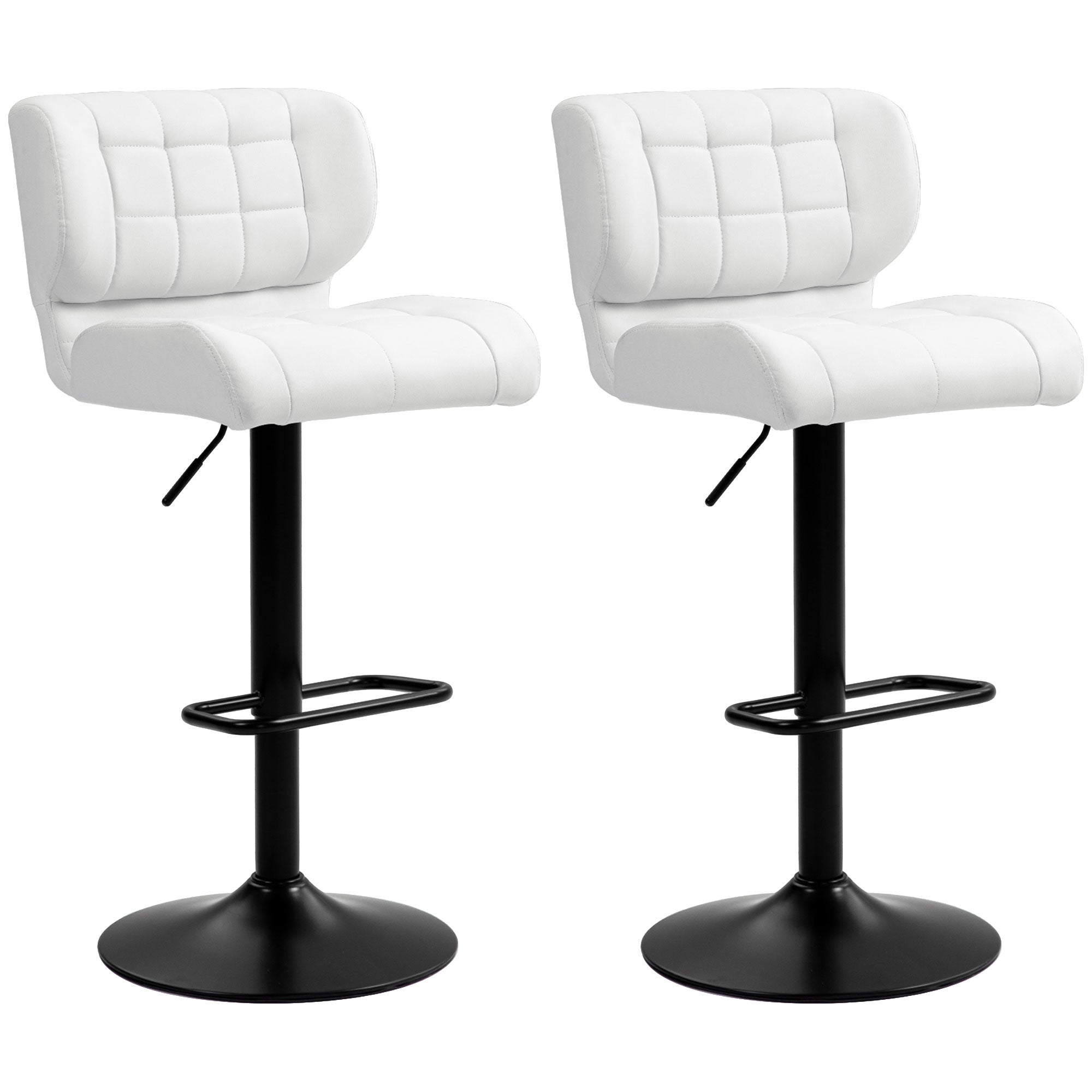 HOMCOM Adjustable Bar Stools Set of 2, Swivel Tufted PU Leather Barstools with Footrest and Back, Bar Chairs for Kitchen Counter and Dining Room, White