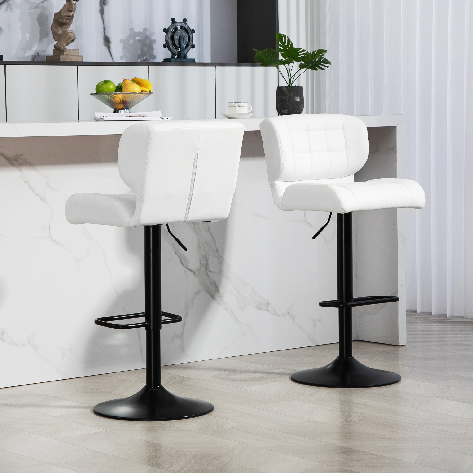 HOMCOM Adjustable Bar Stools Set of 2, Swivel Tufted PU Leather Barstools with Footrest and Back, Bar Chairs for Kitchen Counter and Dining Room, White