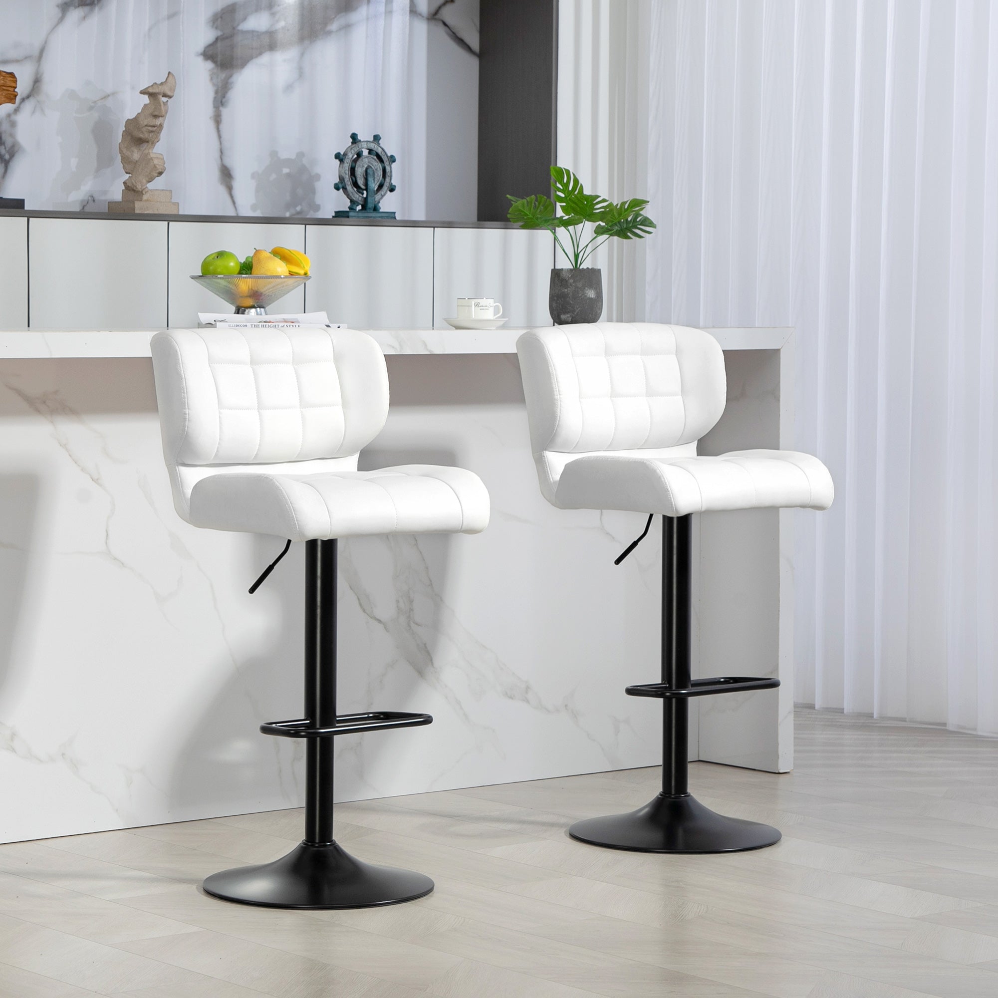 HOMCOM Adjustable Bar Stools Set of 2, Swivel Tufted PU Leather Barstools with Footrest and Back, Bar Chairs for Kitchen Counter and Dining Room, White