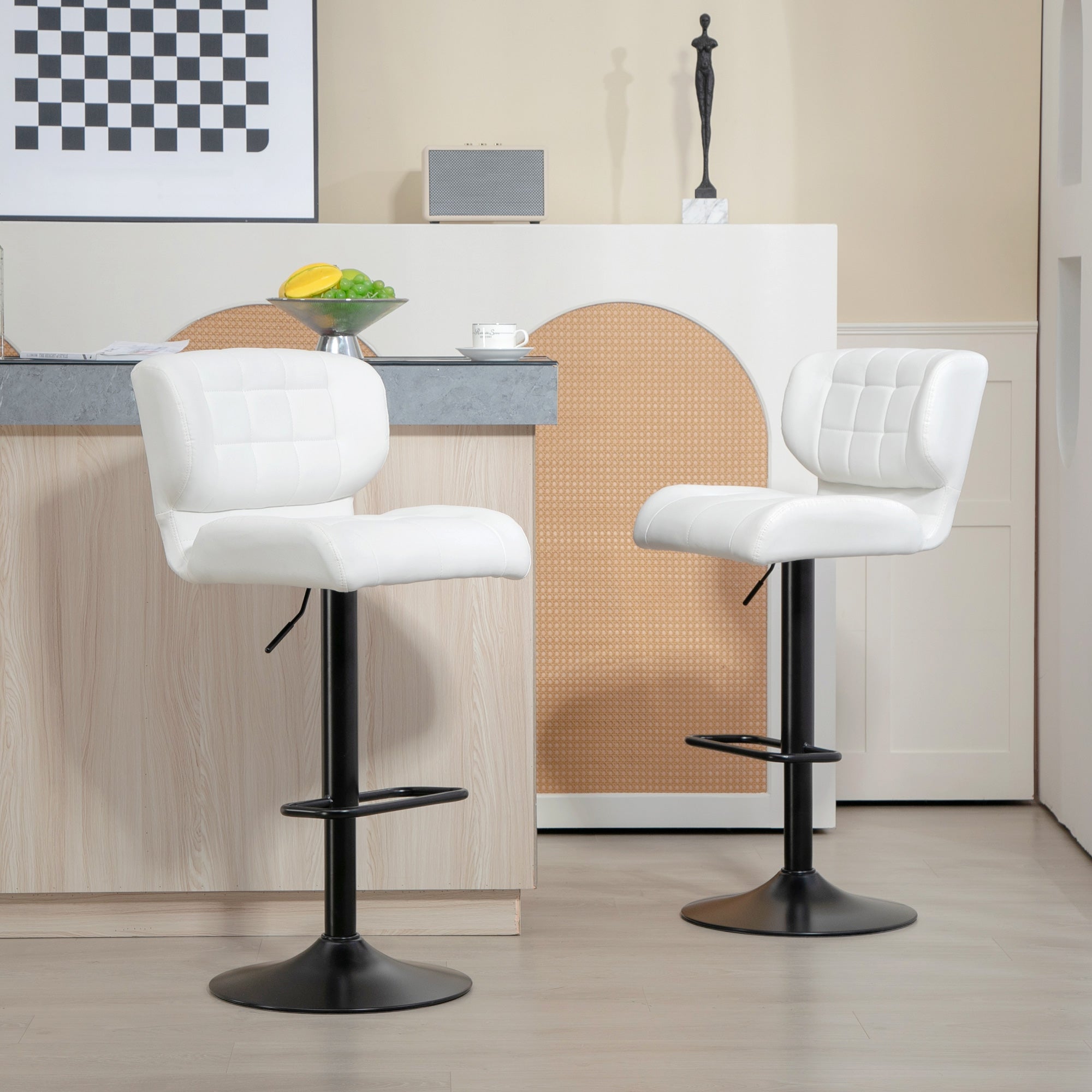 HOMCOM Adjustable Bar Stools Set of 2, Swivel Tufted PU Leather Barstools with Footrest and Back, Bar Chairs for Kitchen Counter and Dining Room, White