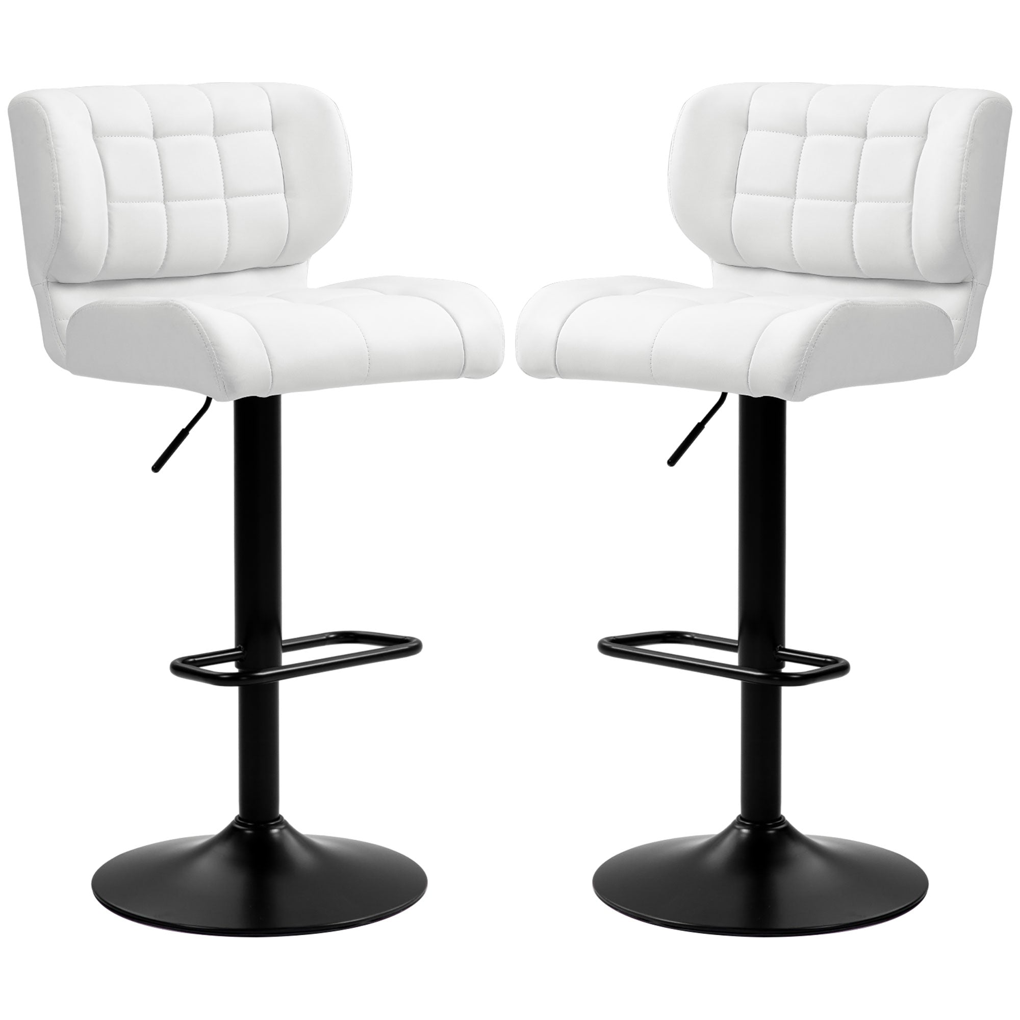 HOMCOM Adjustable Bar Stools Set of 2, Swivel Tufted PU Leather Barstools with Footrest and Back, Bar Chairs for Kitchen Counter and Dining Room, White