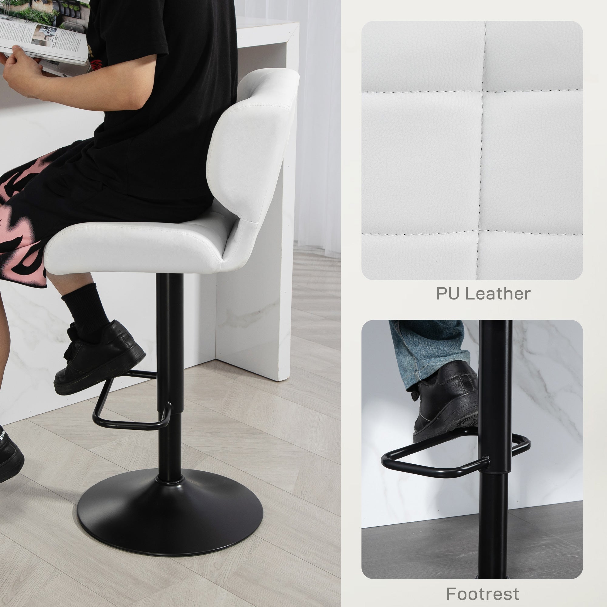 HOMCOM Adjustable Bar Stools Set of 2, Swivel Tufted PU Leather Barstools with Footrest and Back, Bar Chairs for Kitchen Counter and Dining Room, White