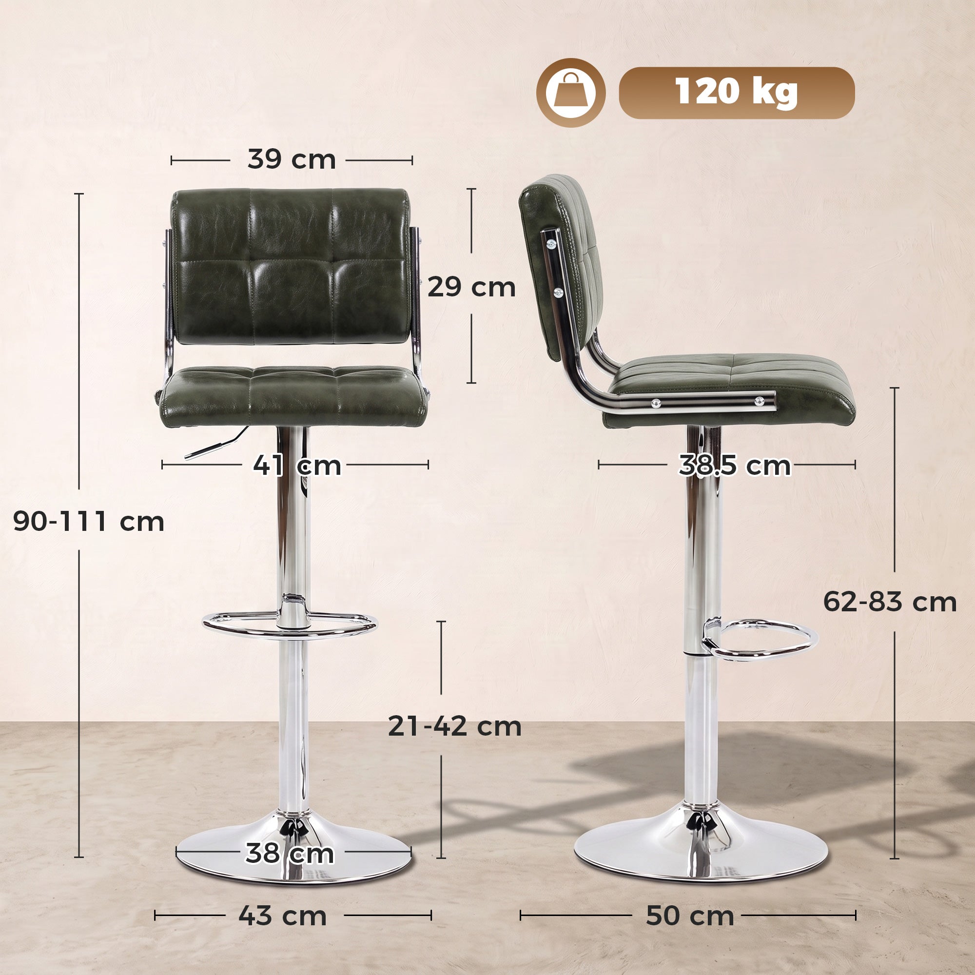 Breakfast Bar Stools Set of 2, Modern PU Leather Swivel BarStools, Adjustable Counter Height Bar Chairs with Backrest and Footrest for Kitchen Island, Dining Room, Bar, Green