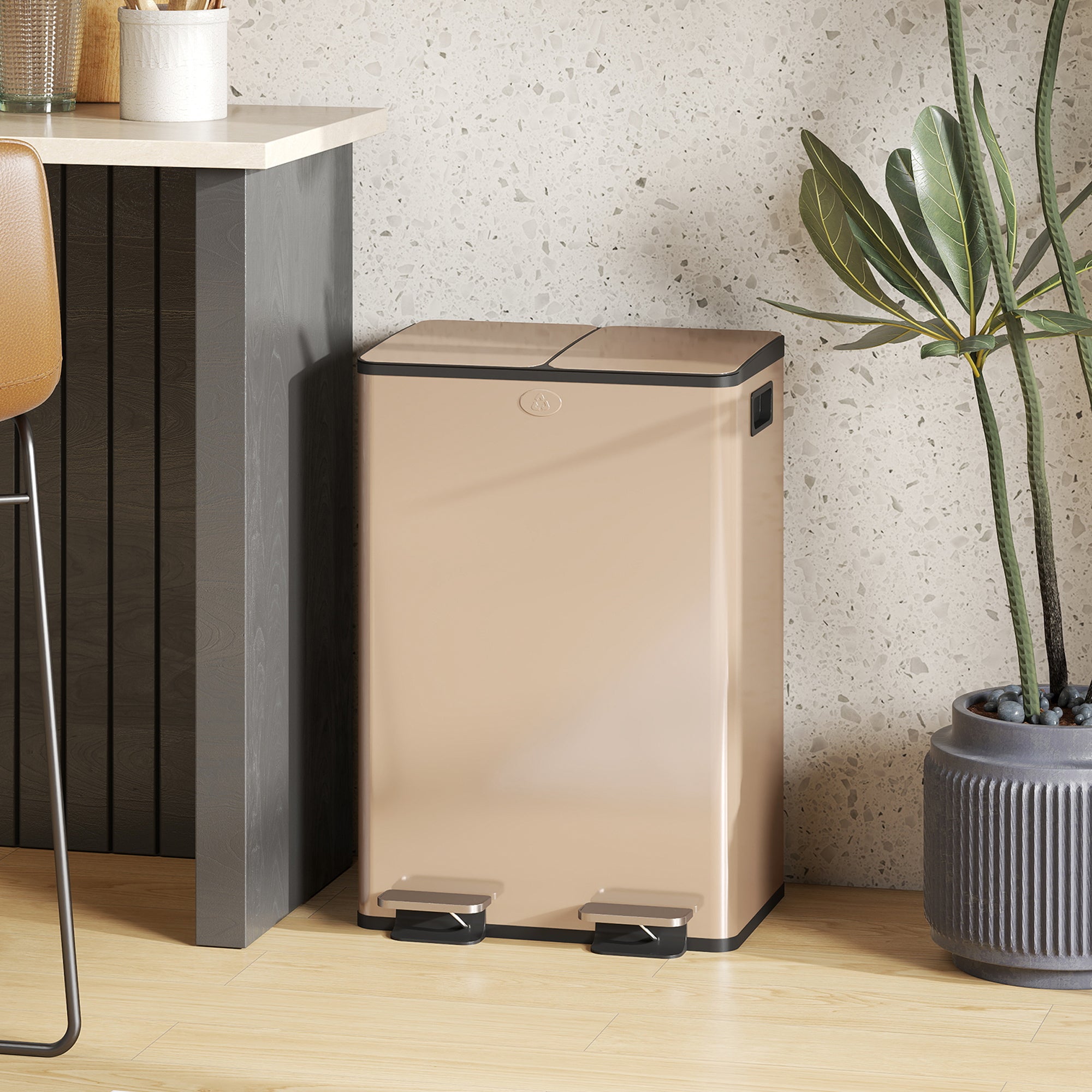 Dual Kitchen Bin, 2 x 28L Stainless Steel Double Rubbish Bin with Soft Close Lid, Removable Inner Buckets, Fingerprint-Proof for Recycling and Waste, Gold Tone