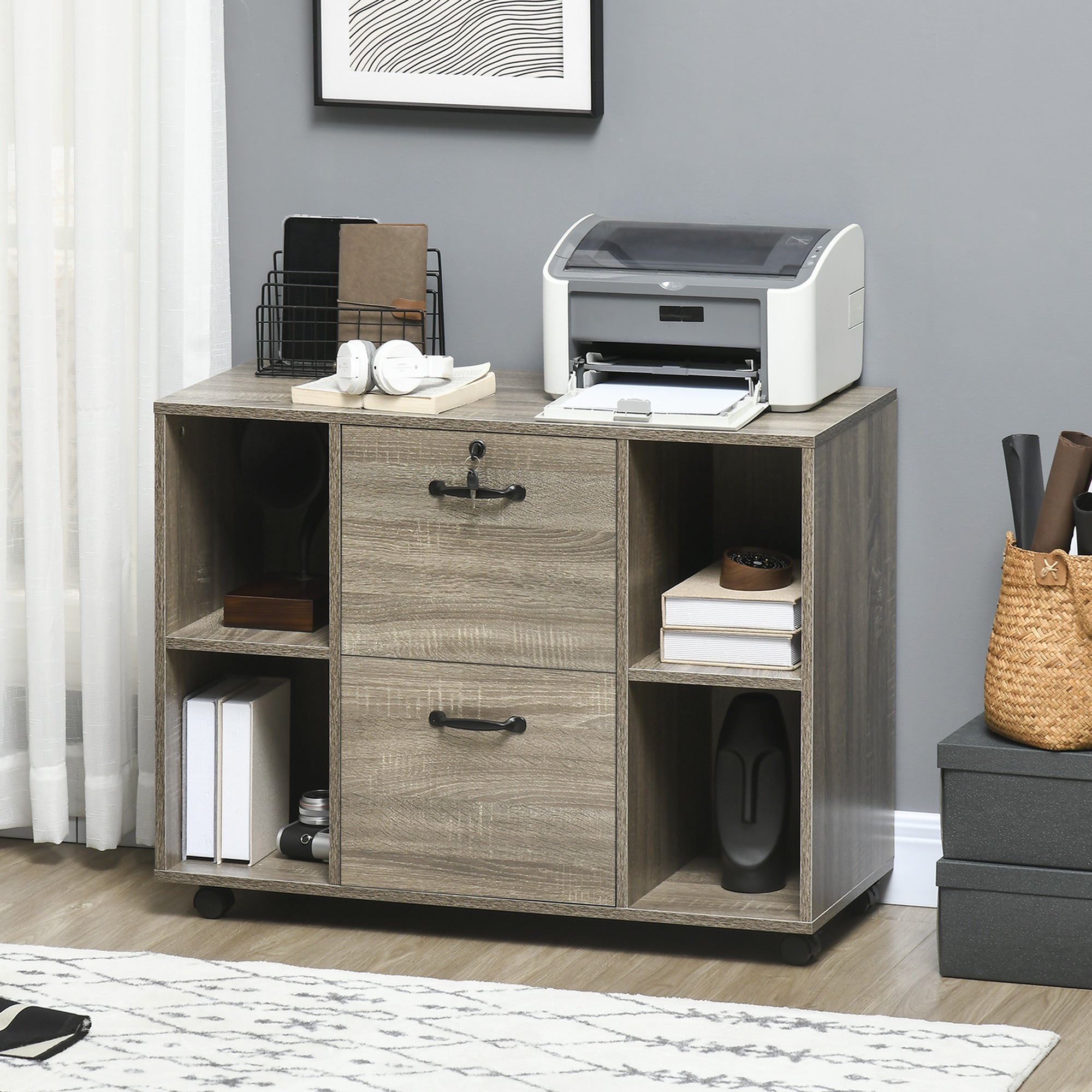 Vinsetto Lateral Filing Cabinet with Wheels and Lockable Drawer, File Cabinet, Mobile Printer Stand with Open Shelves for Letter and A4 Size Documents, Grey