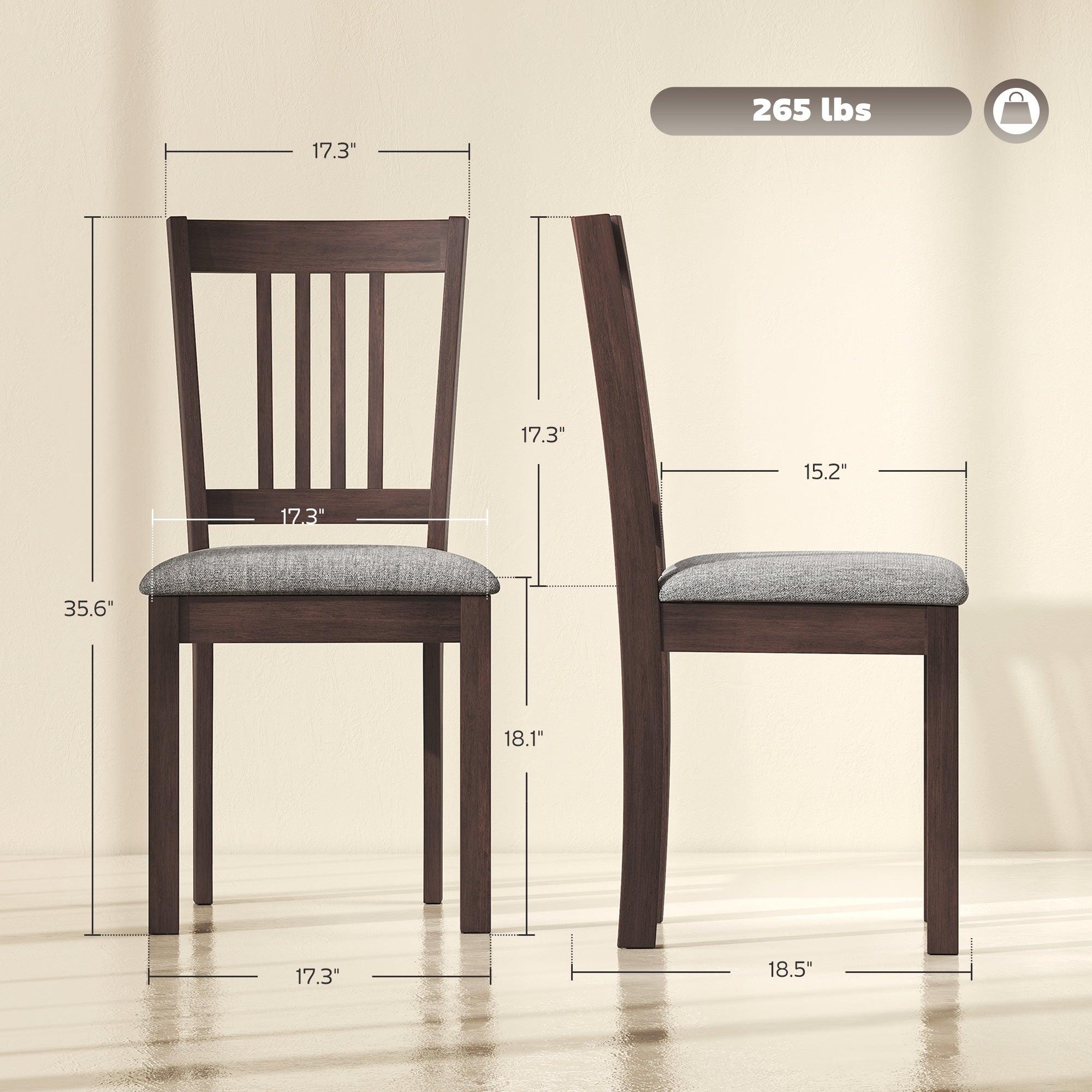 Modern Dining Chairs Set of 2, Linen Fabric Upholstered Kitchen Chairs with Rubberwood Legs for Dining Room, Living Room, Gray and Walnut