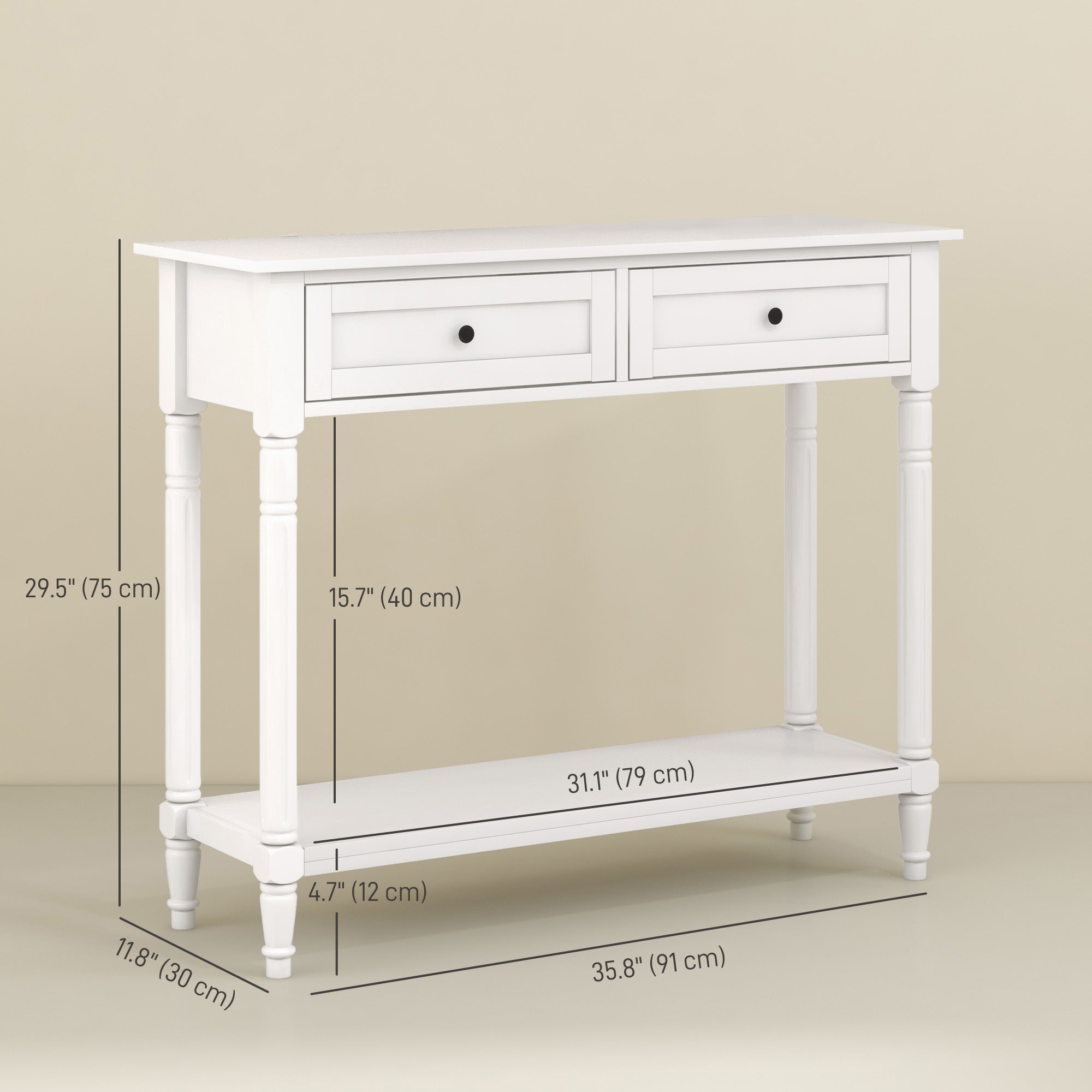 HOMCOM 35.8" Console Table with Drawers, Modern 2-Tier Entryway Table with Turned Legs and Shelf for Living Room, Hallway, White