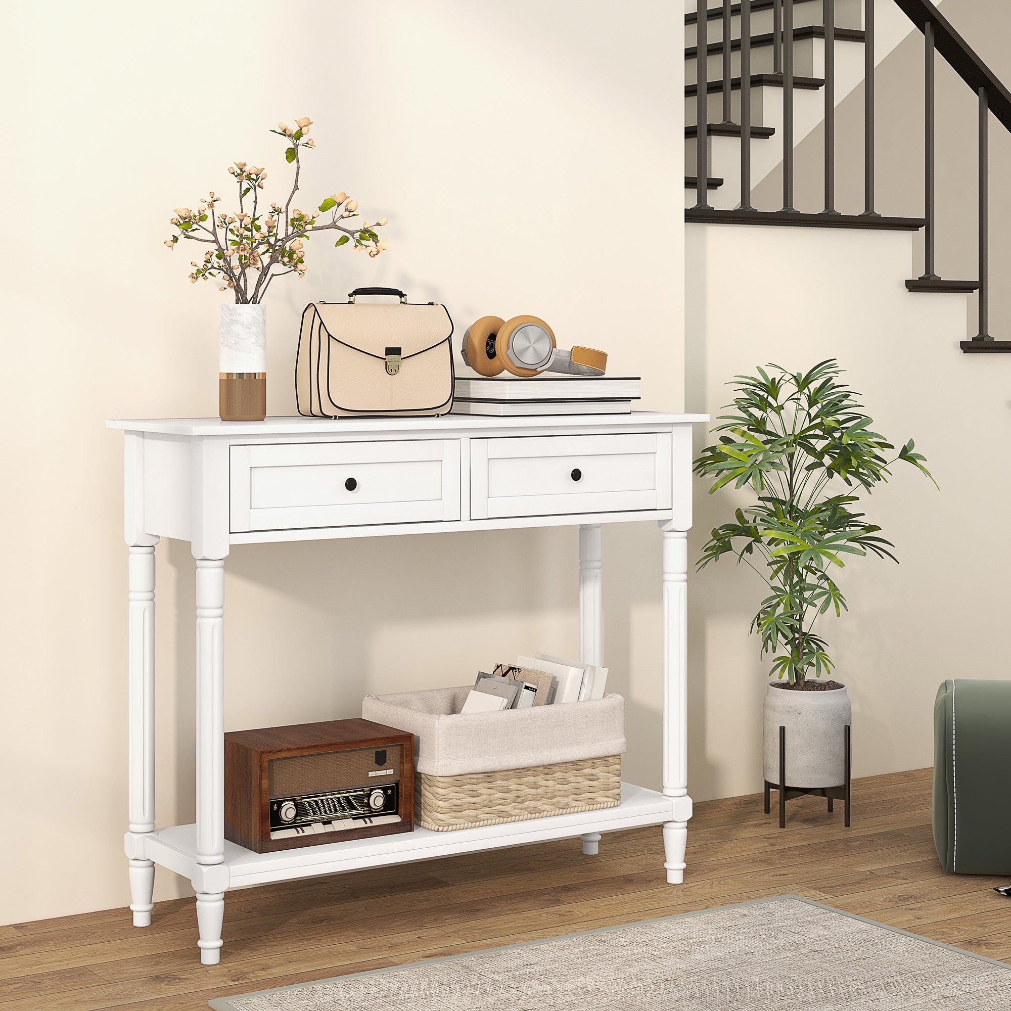 HOMCOM 35.8" Console Table with Drawers, Modern 2-Tier Entryway Table with Turned Legs and Shelf for Living Room, Hallway, White