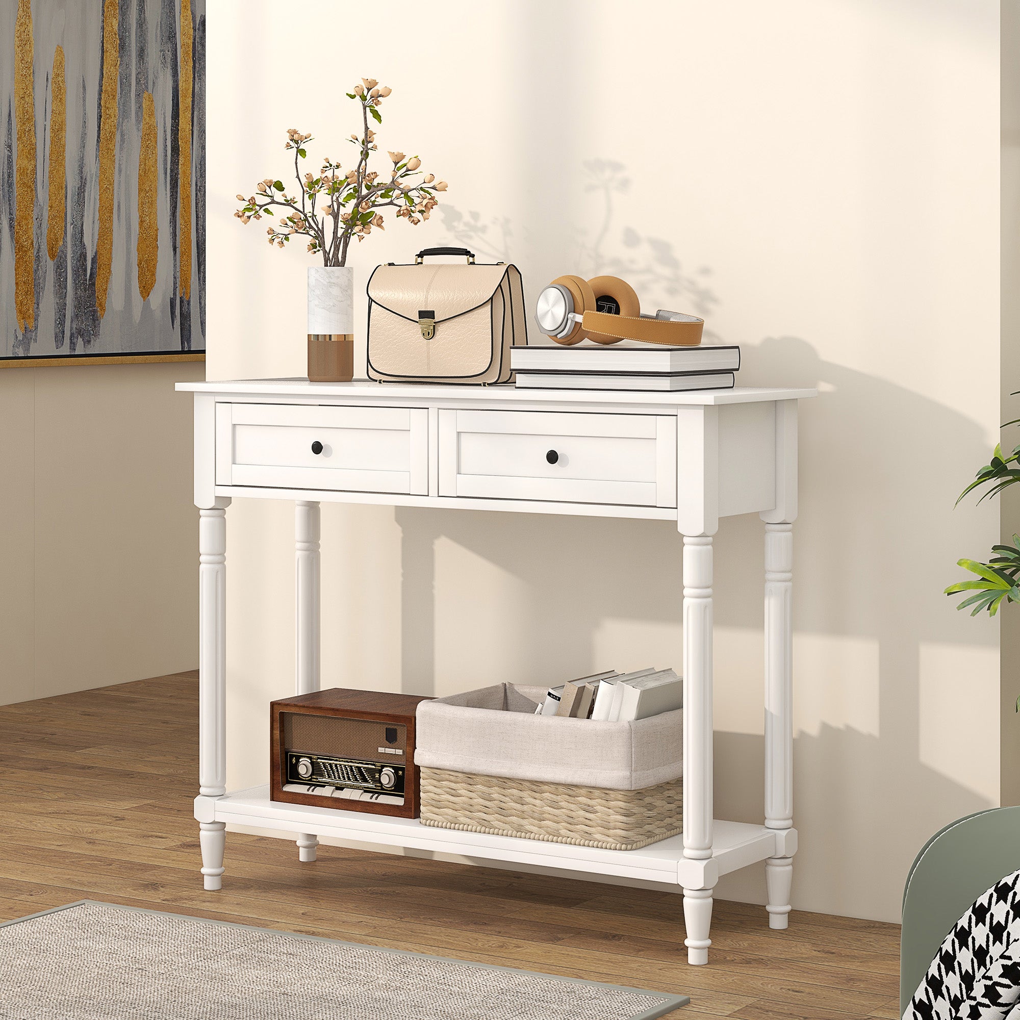 HOMCOM 35.8" Console Table with Drawers, Modern 2-Tier Entryway Table with Turned Legs and Shelf for Living Room, Hallway, White