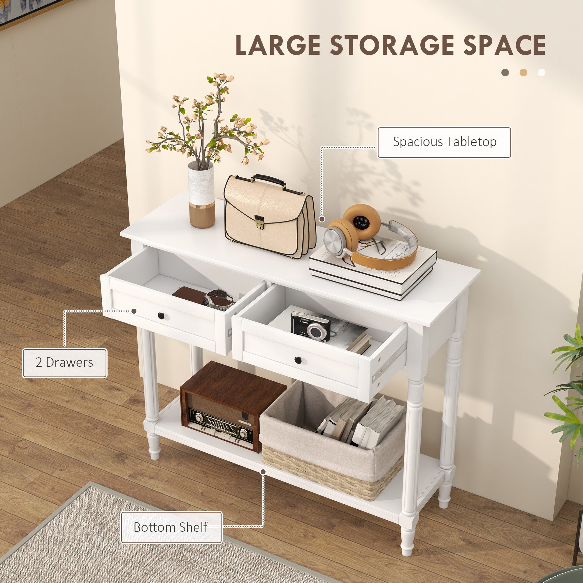 HOMCOM 35.8" Console Table with Drawers, Modern 2-Tier Entryway Table with Turned Legs and Shelf for Living Room, Hallway, White