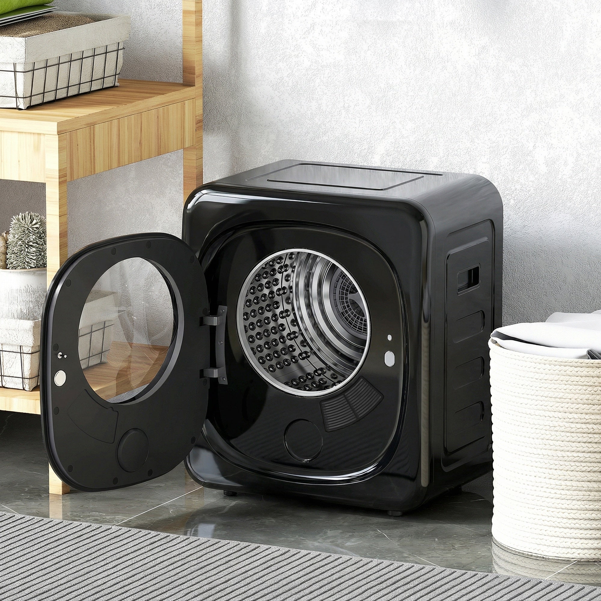 4kg Vented Tumble Dryer, 800W Compact Freestanding Front Tumble Dryer with 5 Drying Mode, Smart Sensor, Timer and Stainless Steel Tub, Wall-Mounted Portable Small Clothes Drying Machine, Black