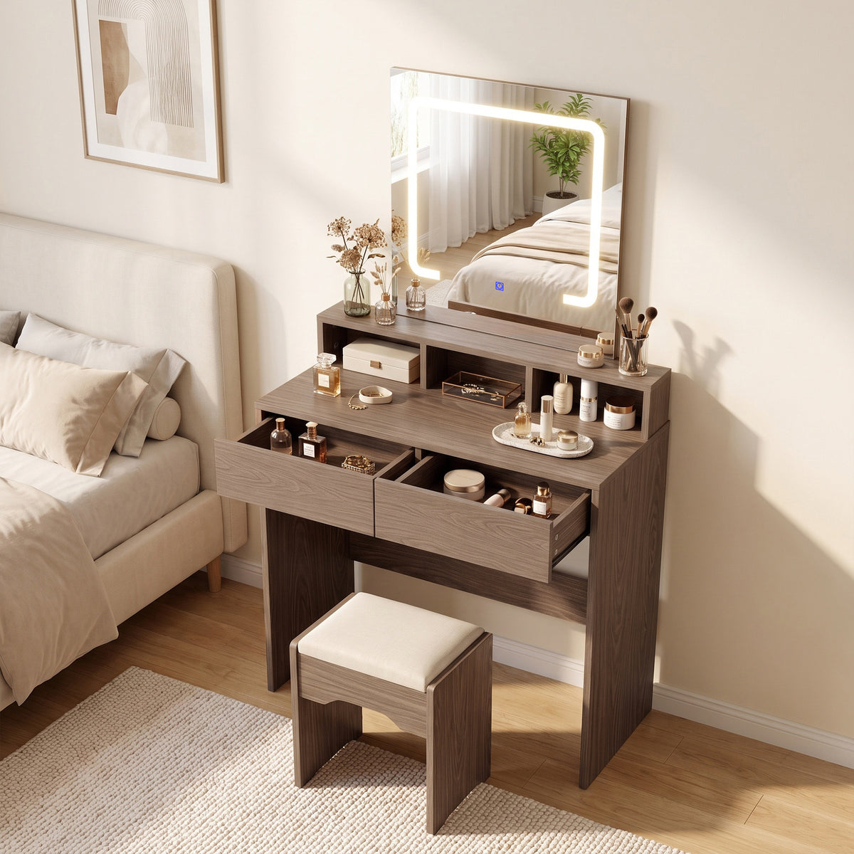 Dressing Table with Mirror and LED Lights, Vanity Table with 2 Drawers, 3 Compartments, 3 Colour Lighting, for Bedroom, Modern Dresser Makeup Desk for Women and Girls, Walnut brown