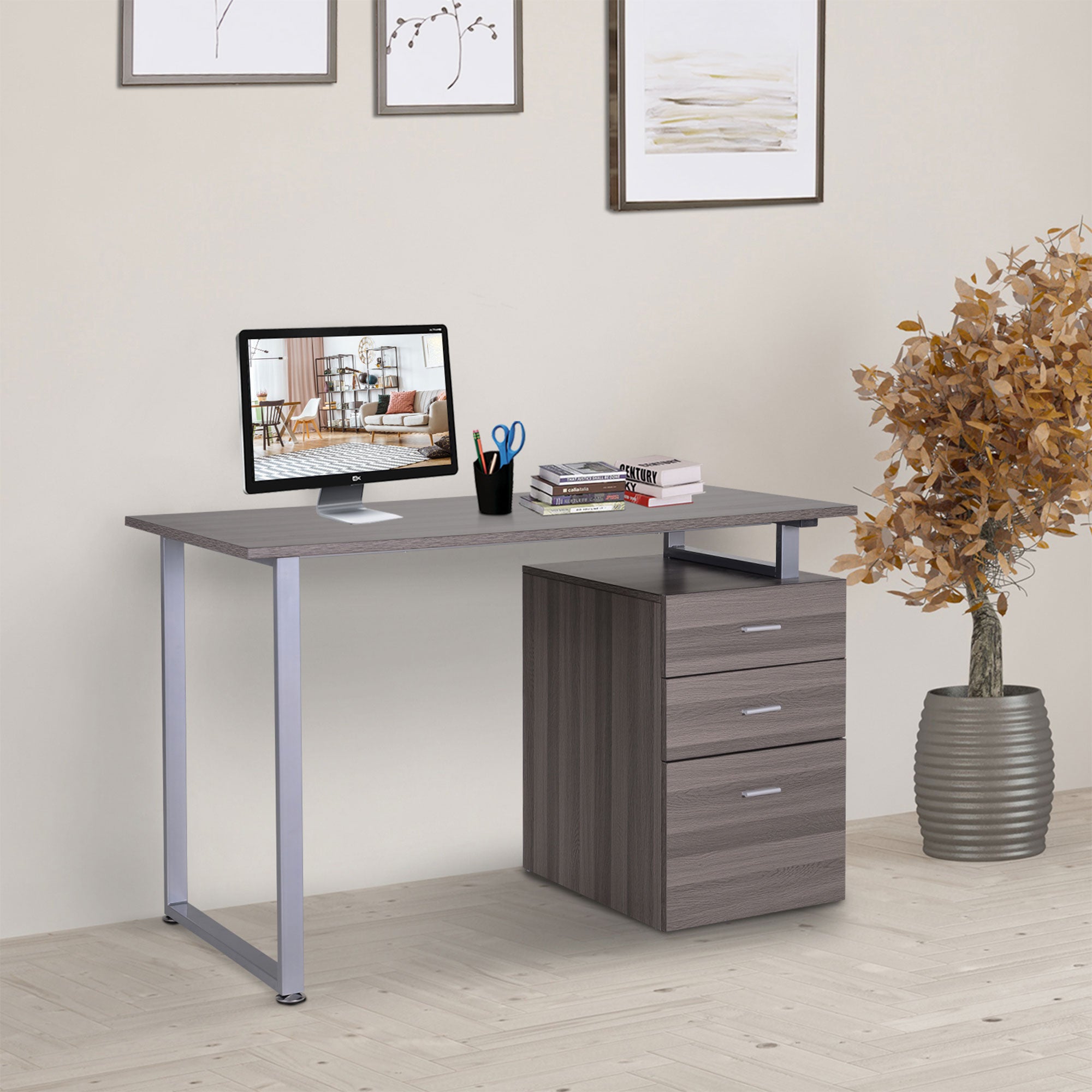 HOMCOM 47" L Computer Desk Writing Table Workstation with Multi-Use Reversible File Drawers Metal Frame Home Office Furniture, Dark Wood Grain