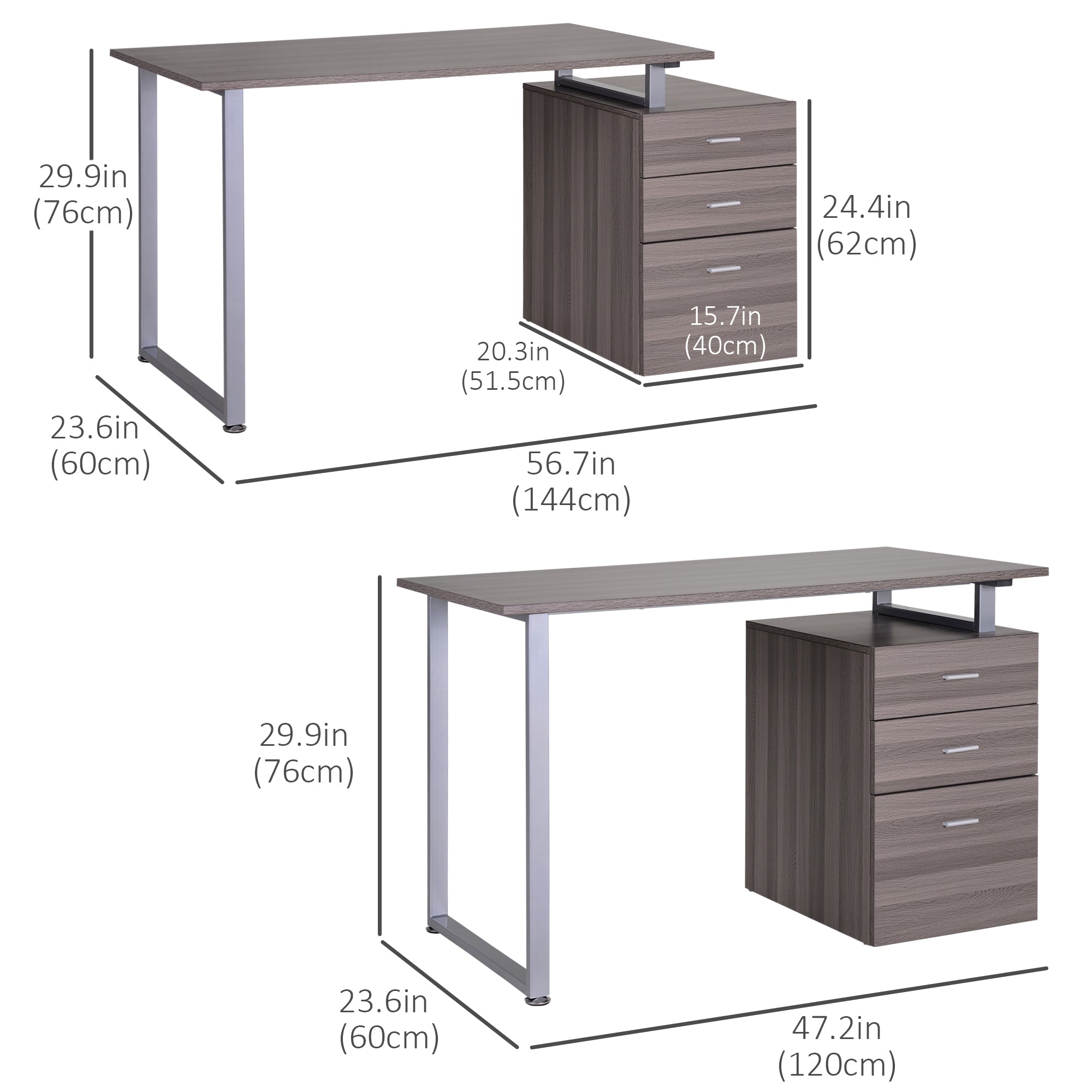 HOMCOM 47" L Computer Desk Writing Table Workstation with Multi-Use Reversible File Drawers Metal Frame Home Office Furniture, Dark Wood Grain