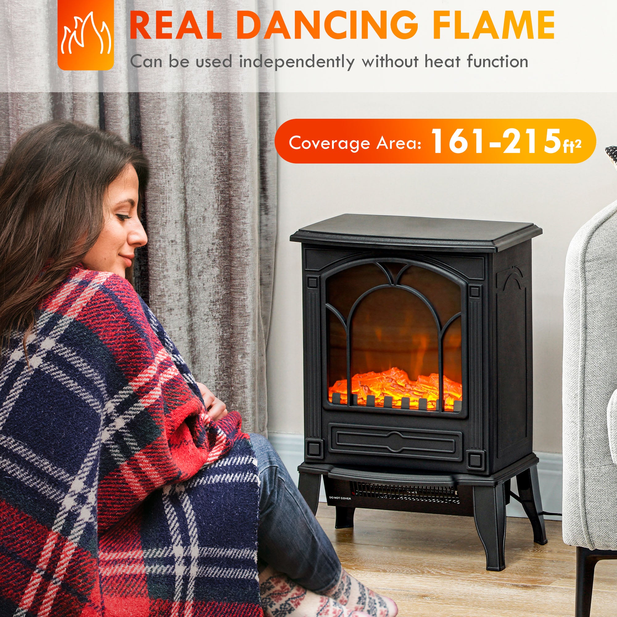 Electric Fireplace Heater Freestanding Stove with Realistic Flame Effect 750W/1500W Black