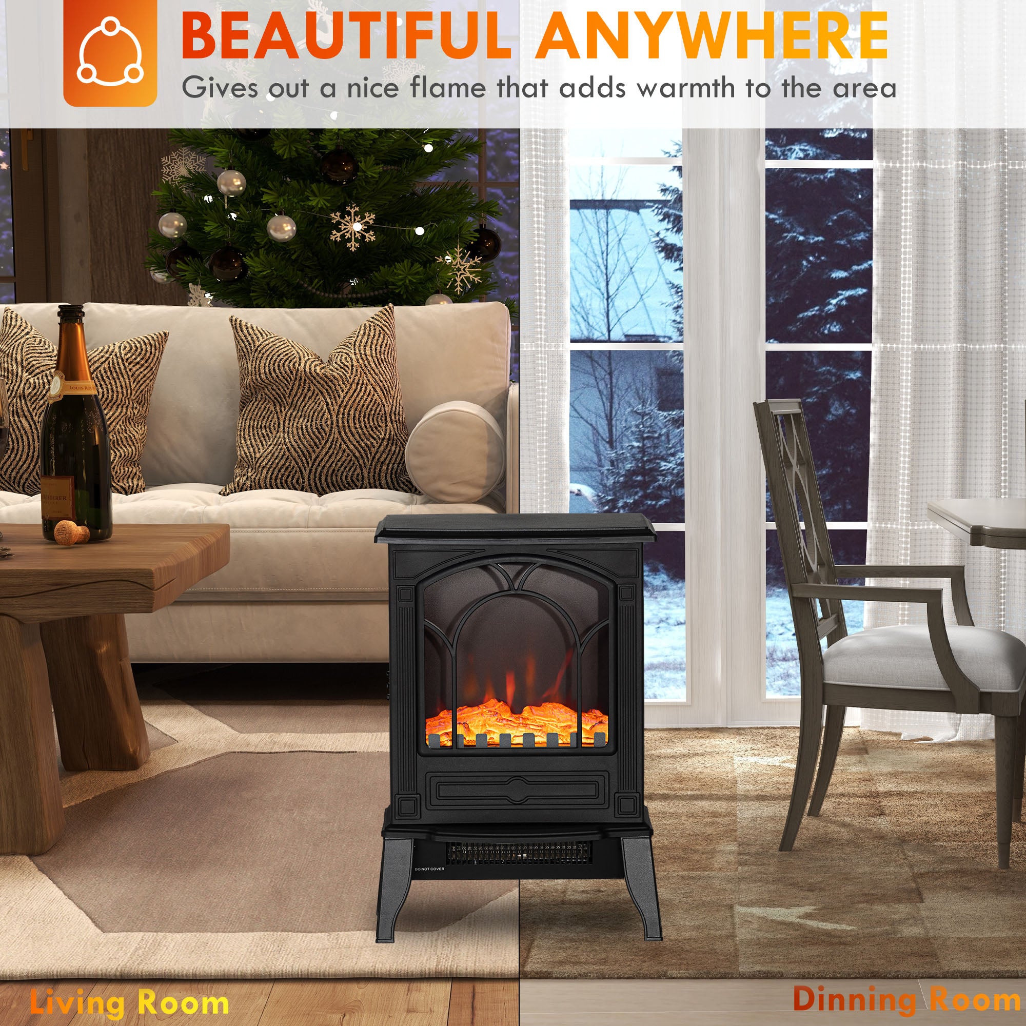 Electric Fireplace Heater Freestanding Stove with Realistic Flame Effect 750W/1500W Black