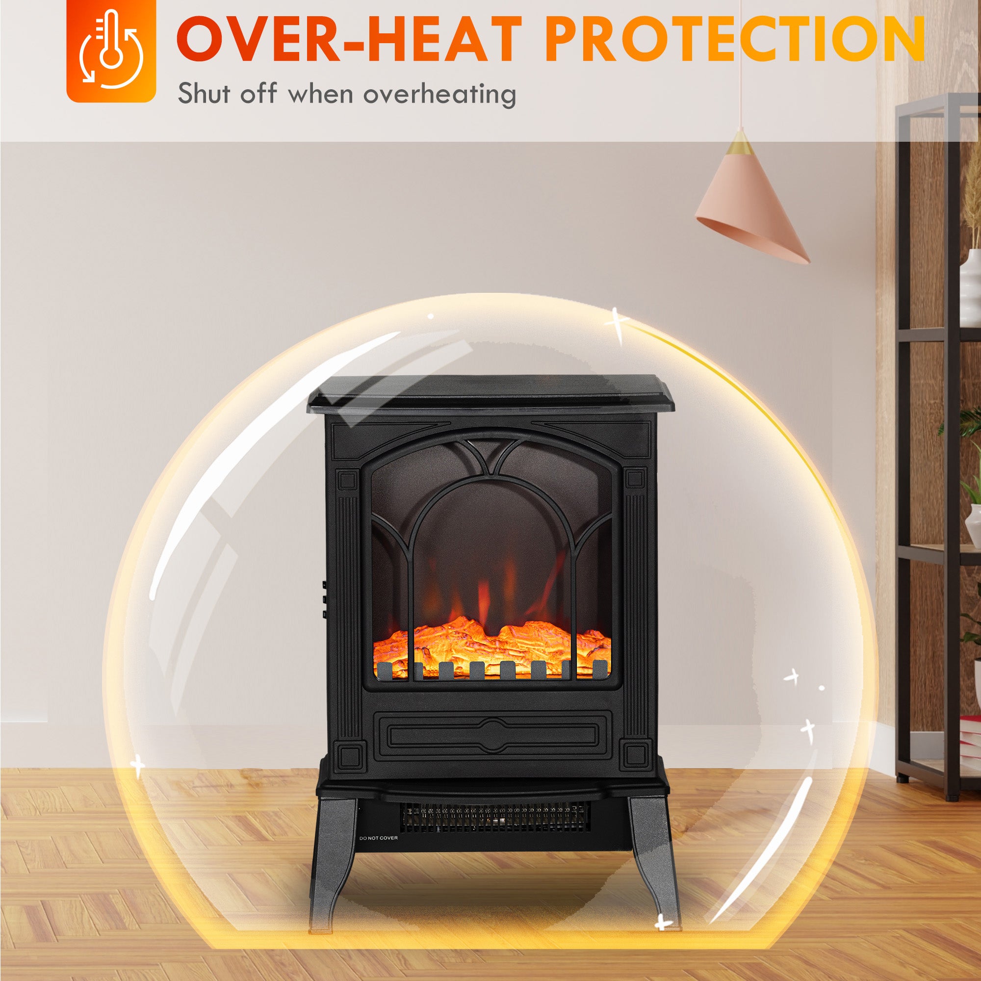 Electric Fireplace Heater Freestanding Stove with Realistic Flame Effect 750W/1500W Black