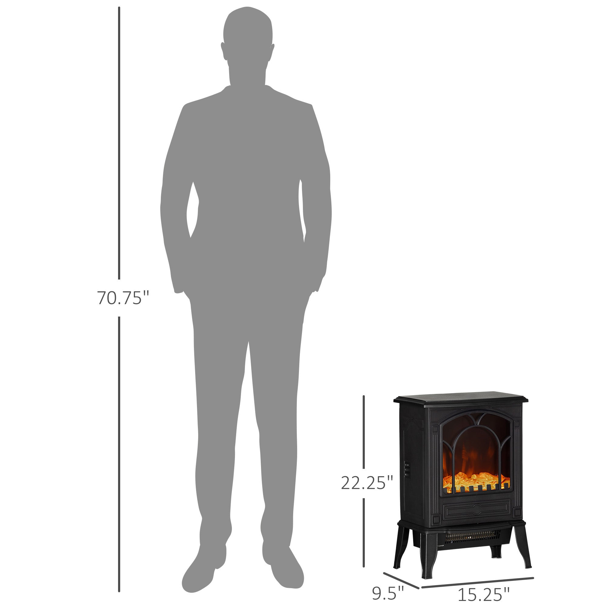 Electric Fireplace Heater Freestanding Stove with Realistic Flame Effect 750W/1500W Black