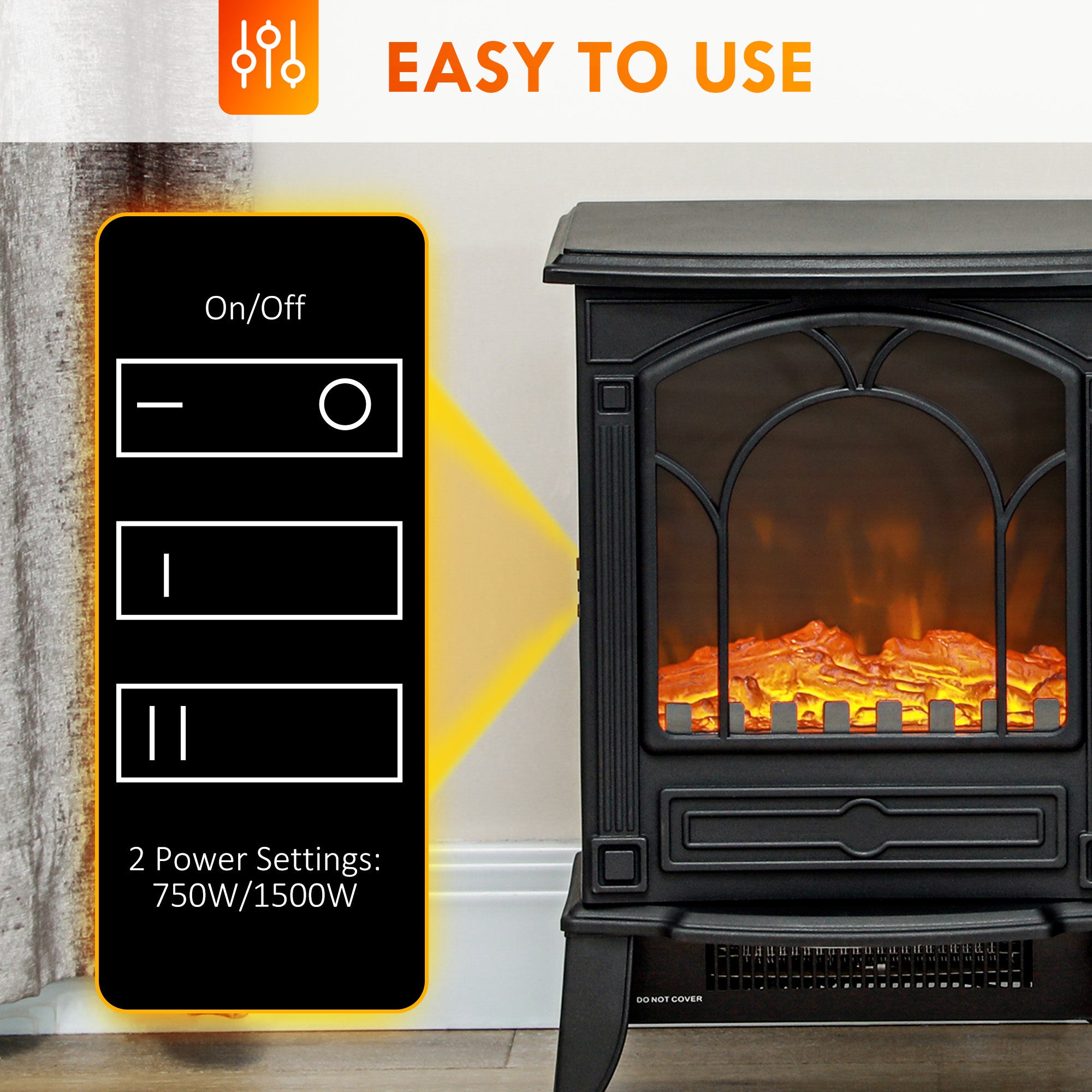 Electric Fireplace Heater Freestanding Stove with Realistic Flame Effect 750W/1500W Black