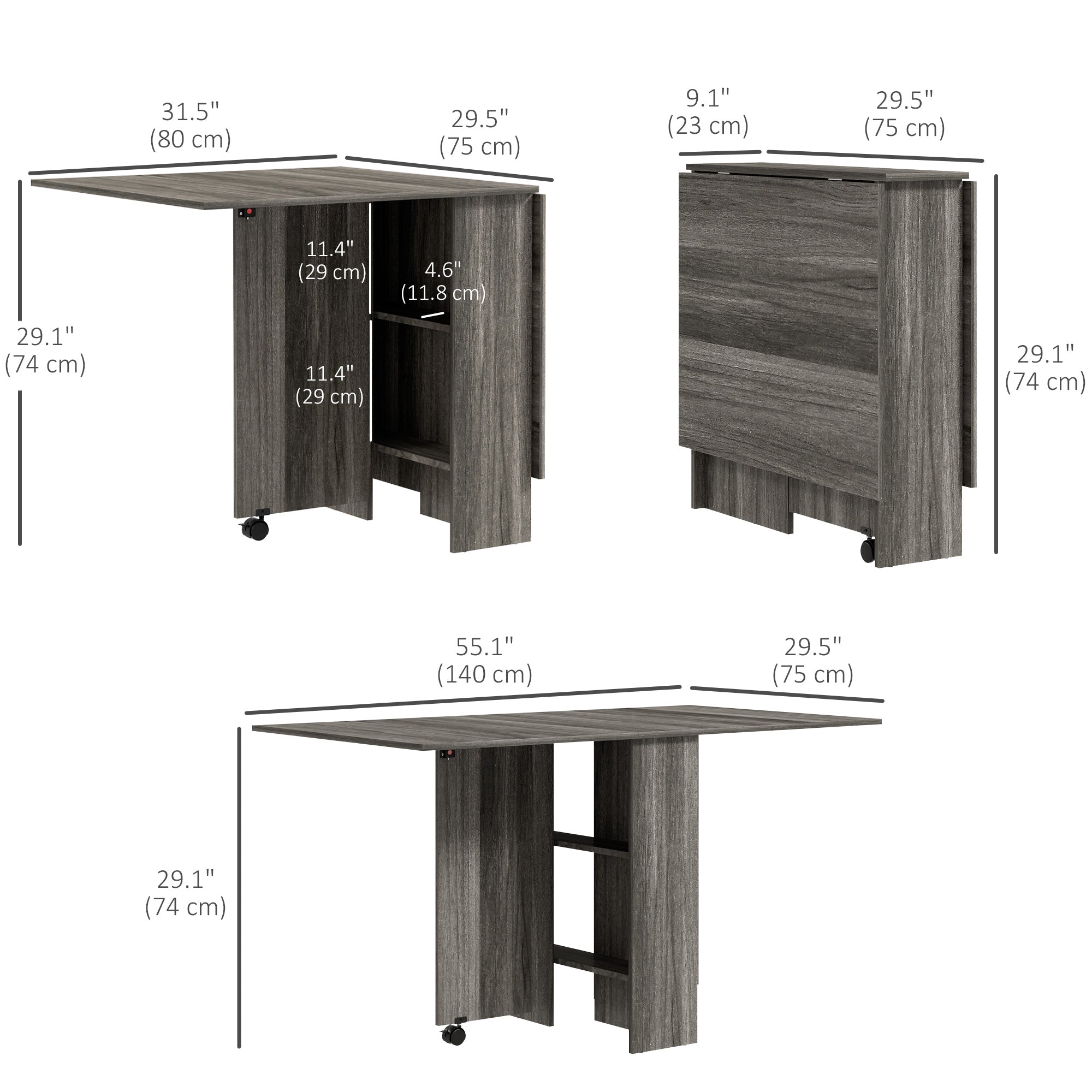 HOMCOM Folding Dining Table, Drop Leaf Table for Small Spaces with 2-tier Shelves, Small Kitchen Table with Rolling Casters, Grey Wood Grain