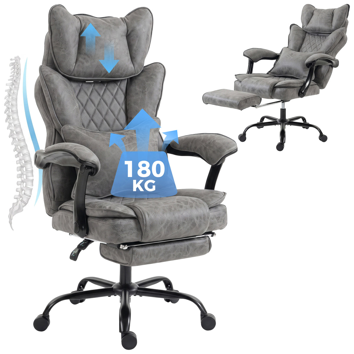 Executive Office Chair, 180kg Big and Tall Leathaire Desk Chair with Adjustable Headrest, Lumbar Support, Wide Seat, Reclining Back, Footrest, Swivel Wheels, Grey