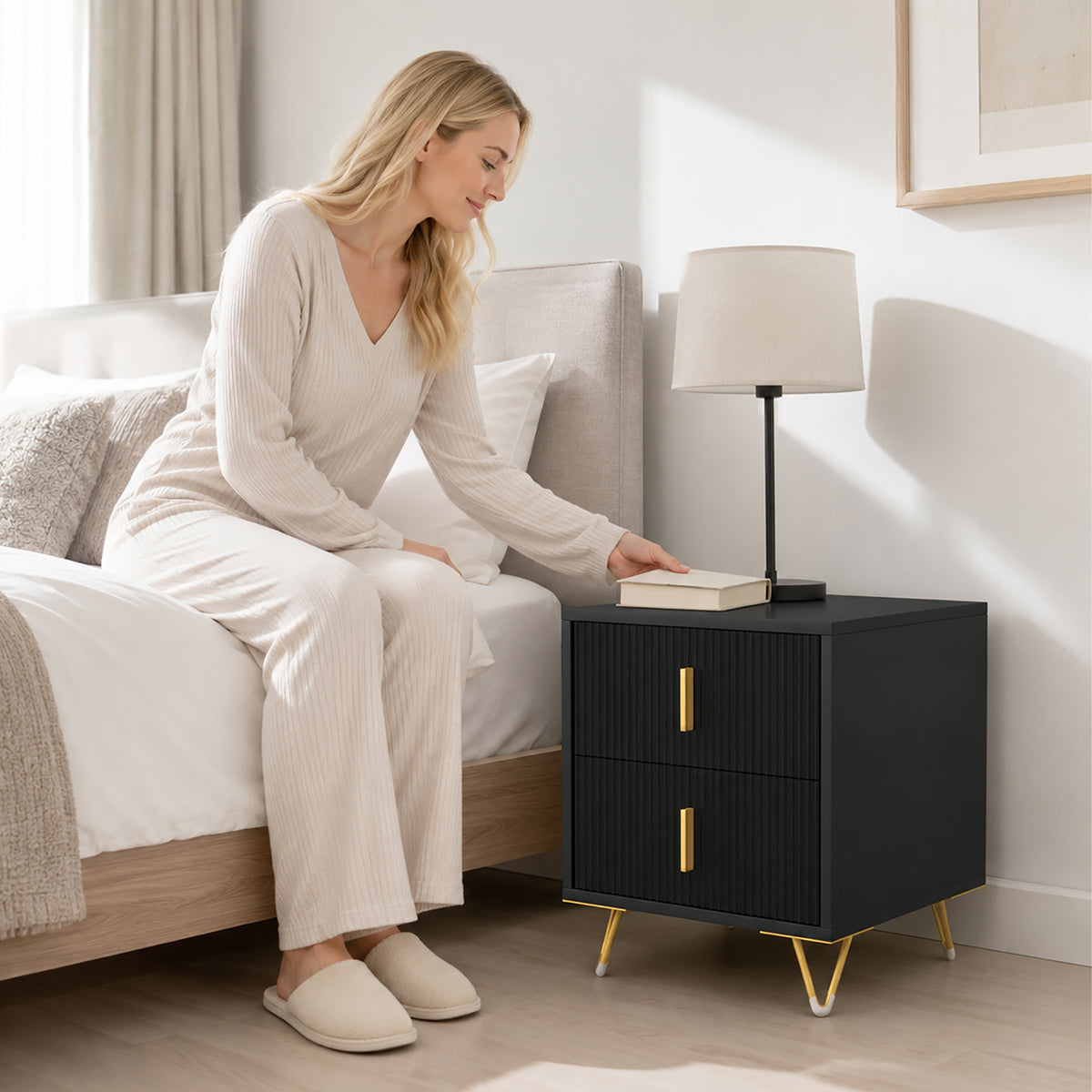 Bedside Table, Small Fluted Bedside Cabinet with 2 Drawers, Modern Nightstand, End Sofa Side Table with Hairpin Legs for Bedroom, Living Room, Black