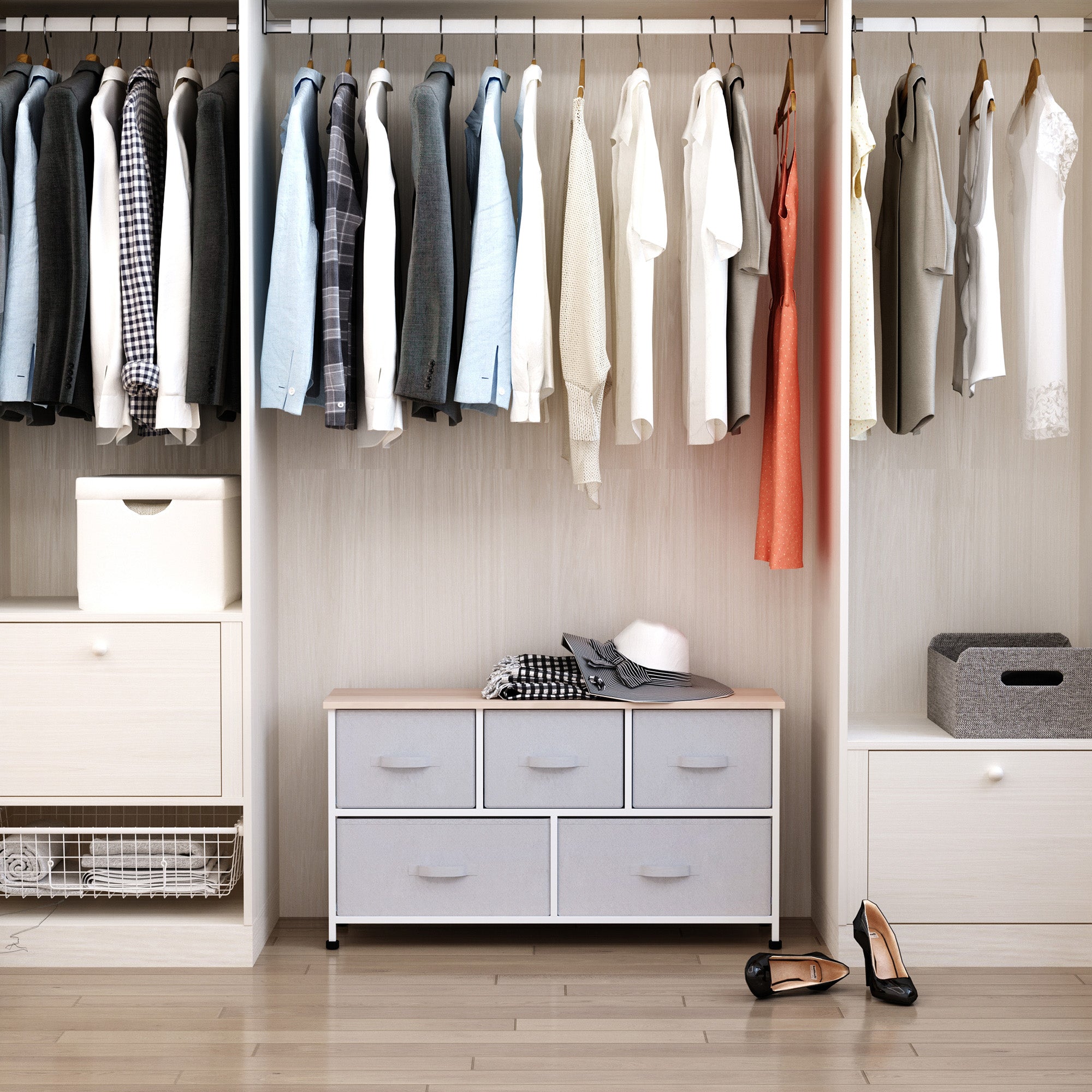 40" L 5 Drawer Horizontal Storage Cube Dresser Unit Bedroom Organizer Living Room Shelf Tower with Fabric Bins, Light Gray