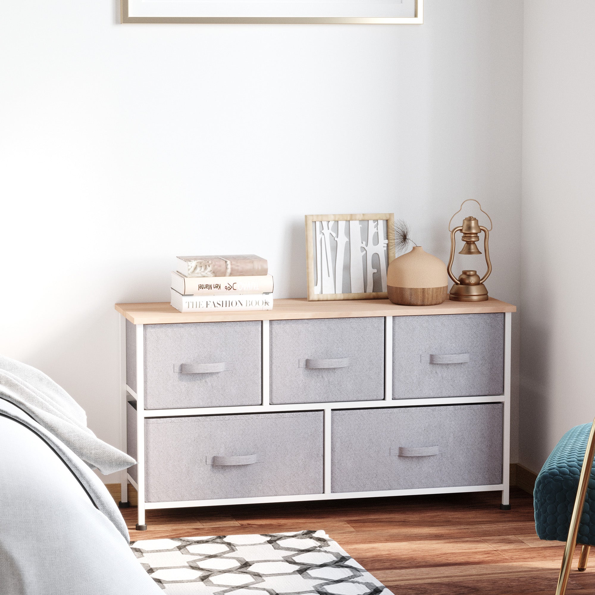 40" L 5 Drawer Horizontal Storage Cube Dresser Unit Bedroom Organizer Living Room Shelf Tower with Fabric Bins, Light Gray