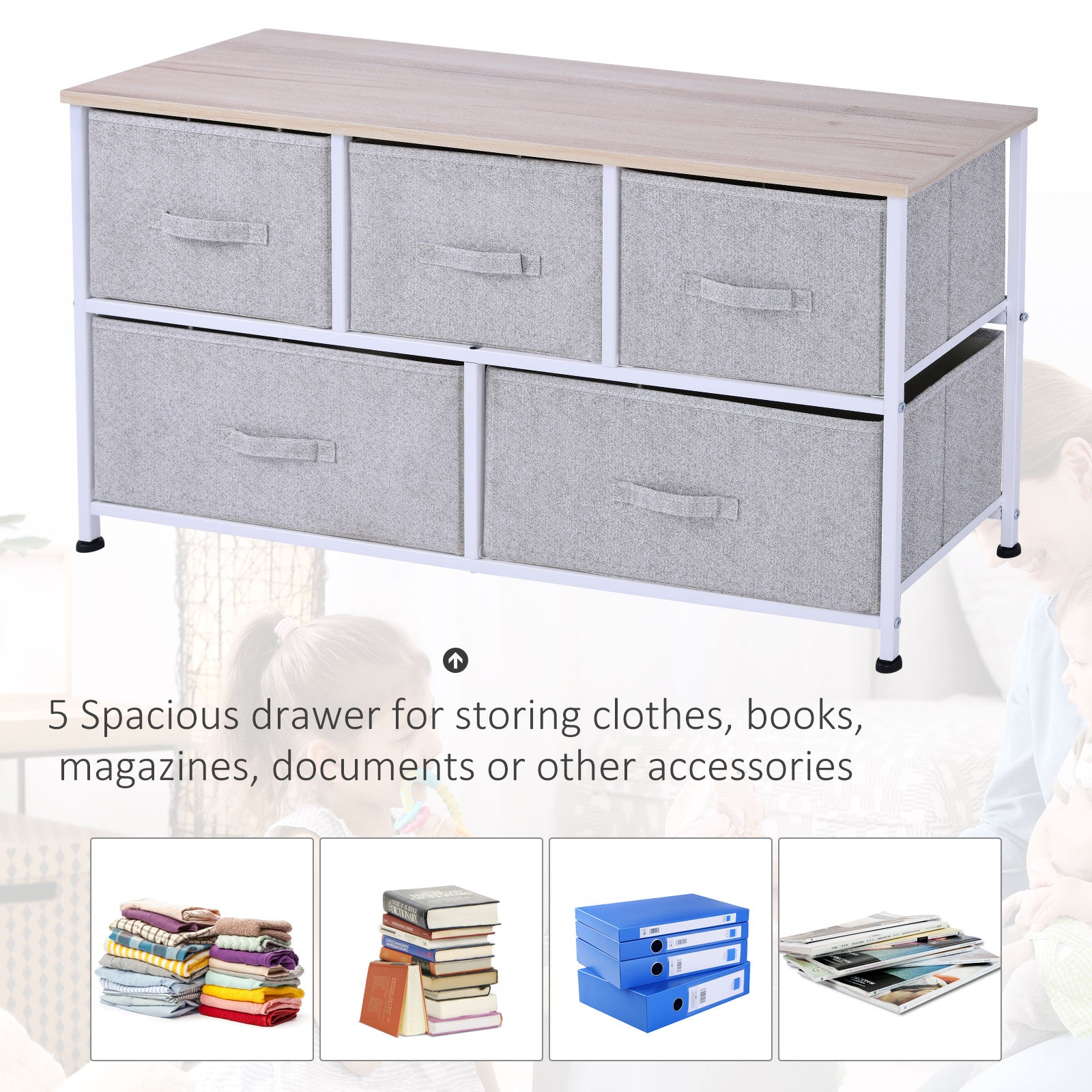 40" L 5 Drawer Horizontal Storage Cube Dresser Unit Bedroom Organizer Living Room Shelf Tower with Fabric Bins, Light Gray