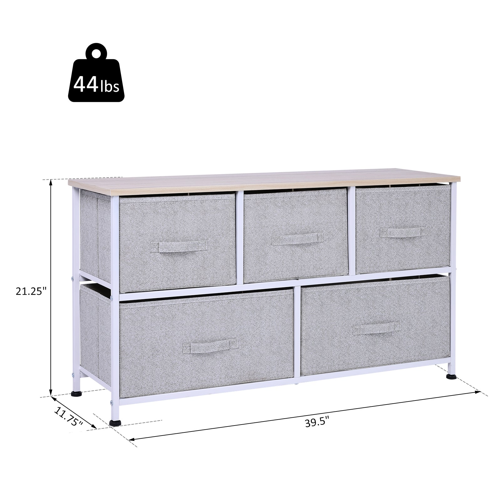 40" L 5 Drawer Horizontal Storage Cube Dresser Unit Bedroom Organizer Living Room Shelf Tower with Fabric Bins, Light Gray