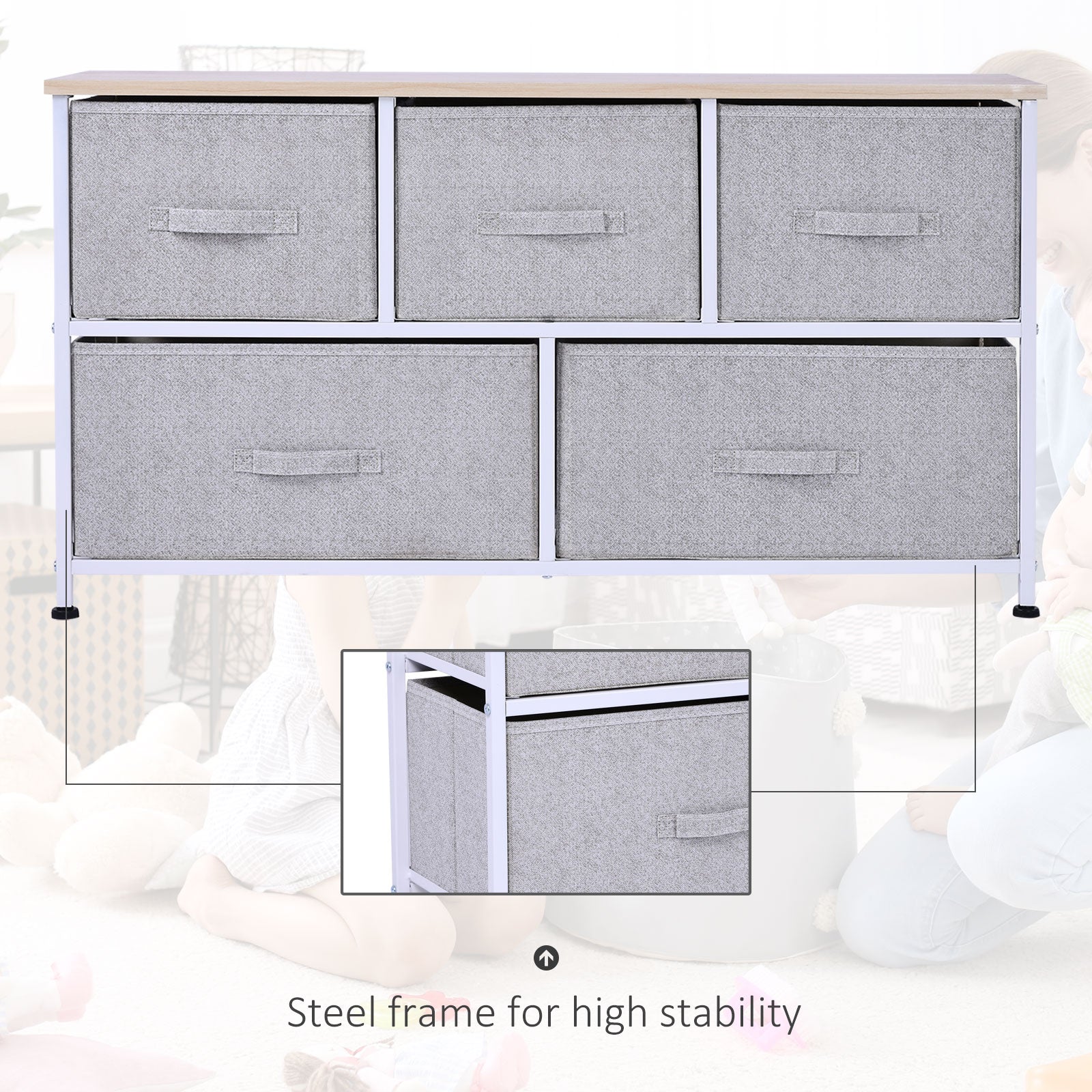 HOMCOM Linen Drawer Cabinet Organizer Storage Dresser Tower with 5 Removable Drawer Metal Frame Adjustable Feet for Living Room, Kitchen, Bathroom, Grey