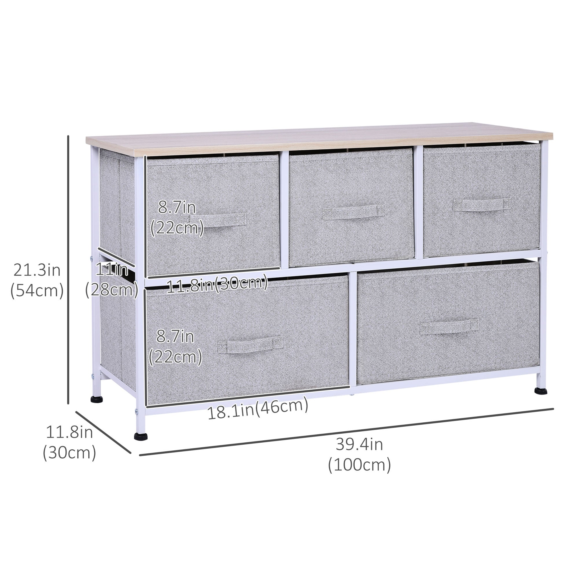 HOMCOM Linen Drawer Cabinet Organizer Storage Dresser Tower with 5 Removable Drawer Metal Frame Adjustable Feet for Living Room, Kitchen, Bathroom, Grey