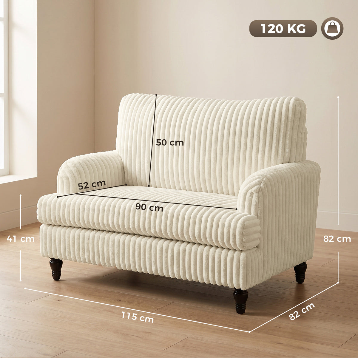 Modern Accent Chair, Corduroy Single Sofa Armchair with Stripes, Turned Legs and Wide Seat, Upholstered Snuggle Chair for Living Room, Bedroom, Cream