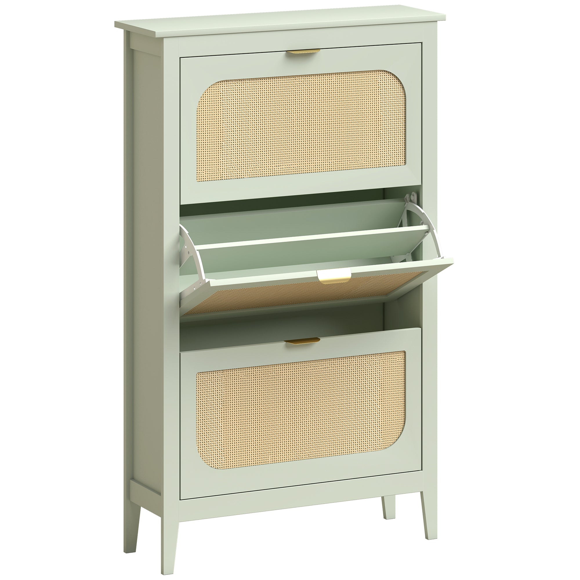 Shoe Storage Cabinet with 3 Flip Drawers, Boho Slim Shoe Cabinet with Rattan Doors for Entryway, Hallway, Holds 21 Pairs, Light Green