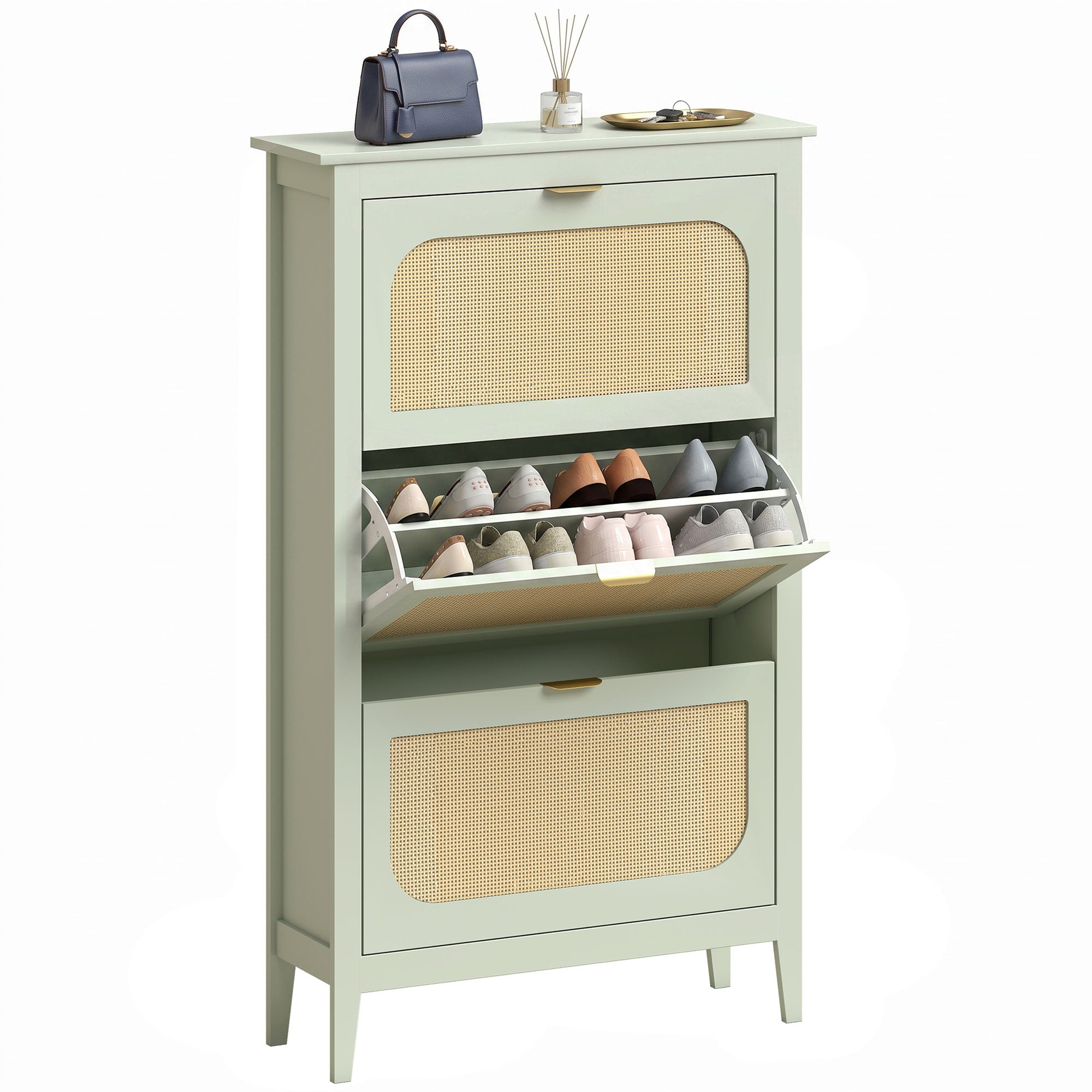 Shoe Storage Cabinet with 3 Flip Drawers, Boho Slim Shoe Cabinet with Rattan Doors for Entryway, Hallway, Holds 21 Pairs, Light Green