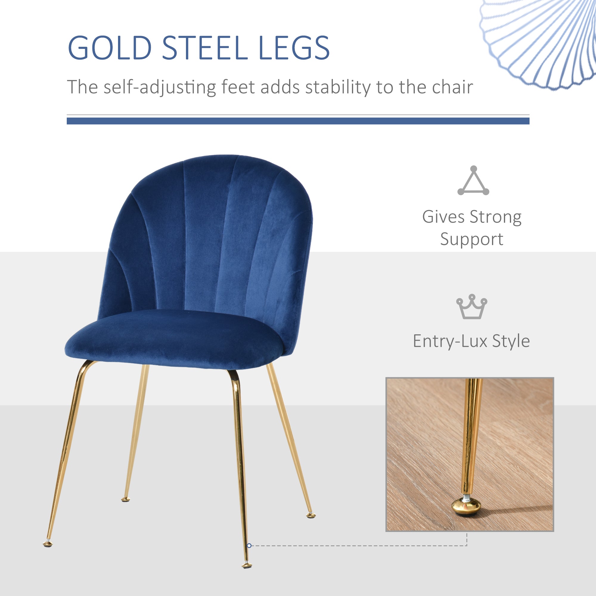 HOMCOM Modern Dining Chairs Set of 2, Upholstered Kitchen Chairs, Accent Chair with Gold Metal Legs for Kitchen, Dining Room, Blue