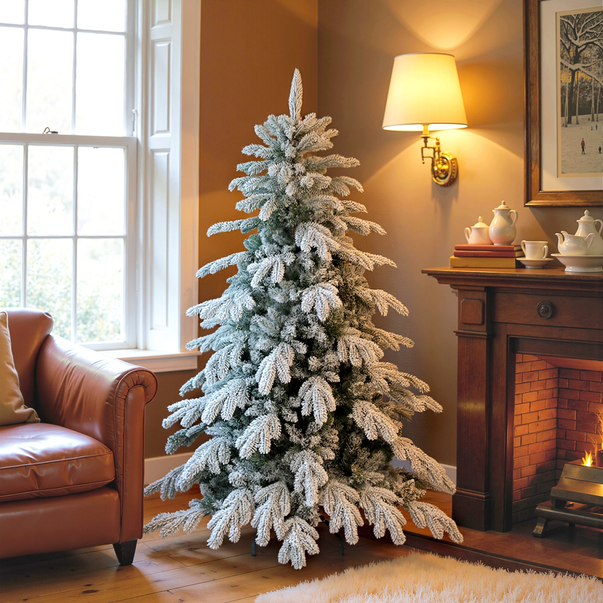 5ft Artificial Christmas Tree, Snow Flocked Christmas Tree with Realistic Dense Branches, Hinged Design, Metal Stand, Wide Shape, Easy Assembly, Xmas Home Decoration, Green White