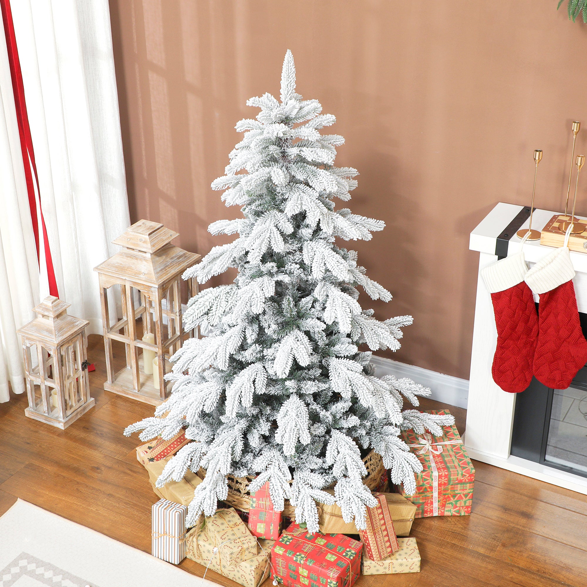 5ft Artificial Christmas Tree, Snow Flocked Christmas Tree with Realistic Dense Branches, Hinged Design, Metal Stand, Wide Shape, Easy Assembly, Xmas Home Decoration, Green White