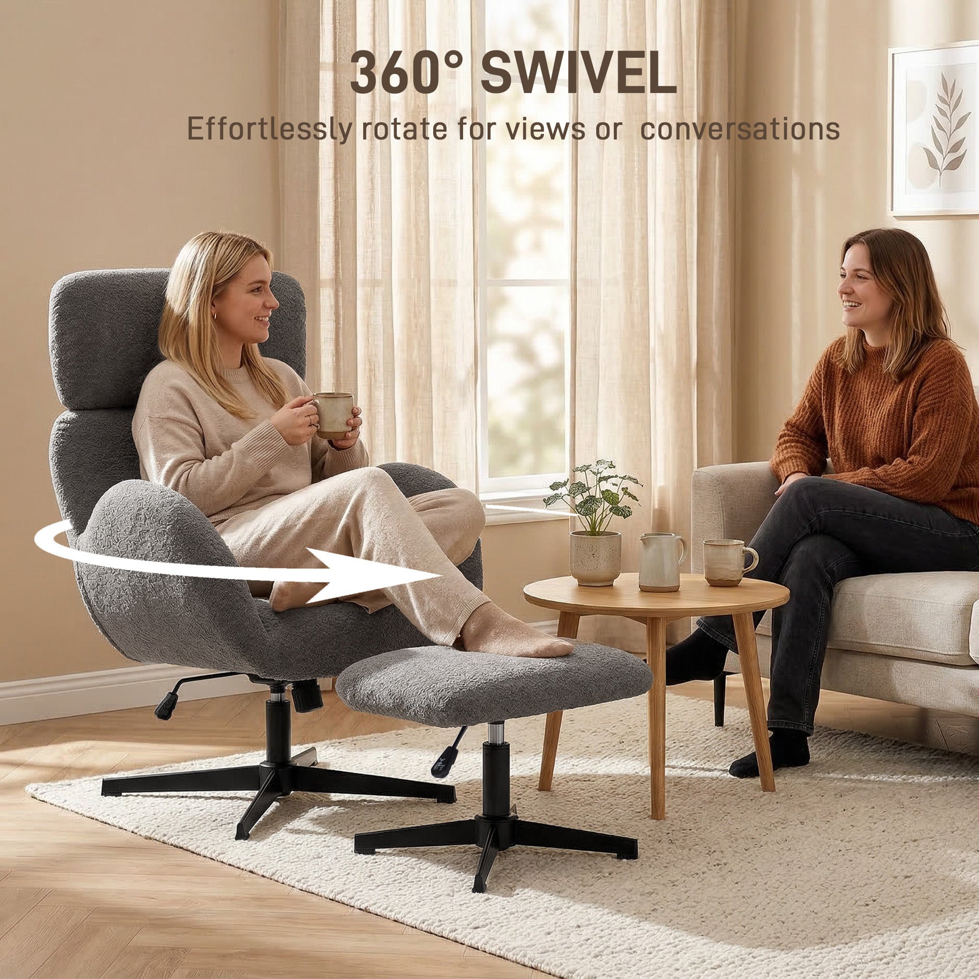 Swivel Armchair and Footstool Set, Raindrop Velvet Height Adjustable Accent Chair with Adjustable Headrest, Rocking Function, Wide Back, Modern Lounge Chair for Living Room, Grey