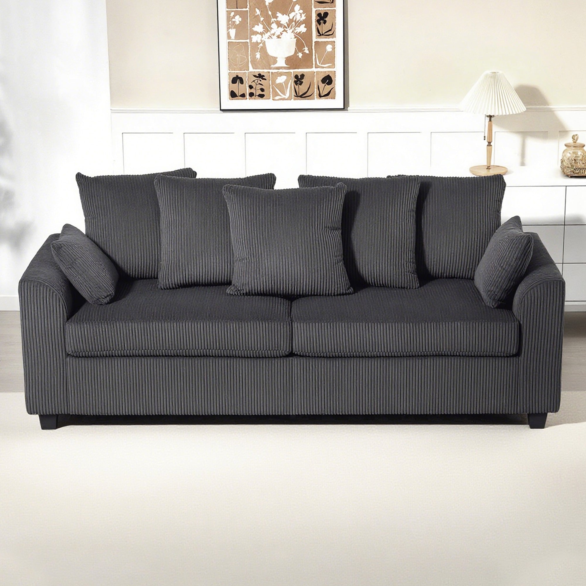 3 Seater Sofa with Curved Armrests, 83" Modern Upholstered Corduroy Couch with 8 Removable Pillows and Thick Padded for Living Room, Bedroom, Home Office, Dark Grey