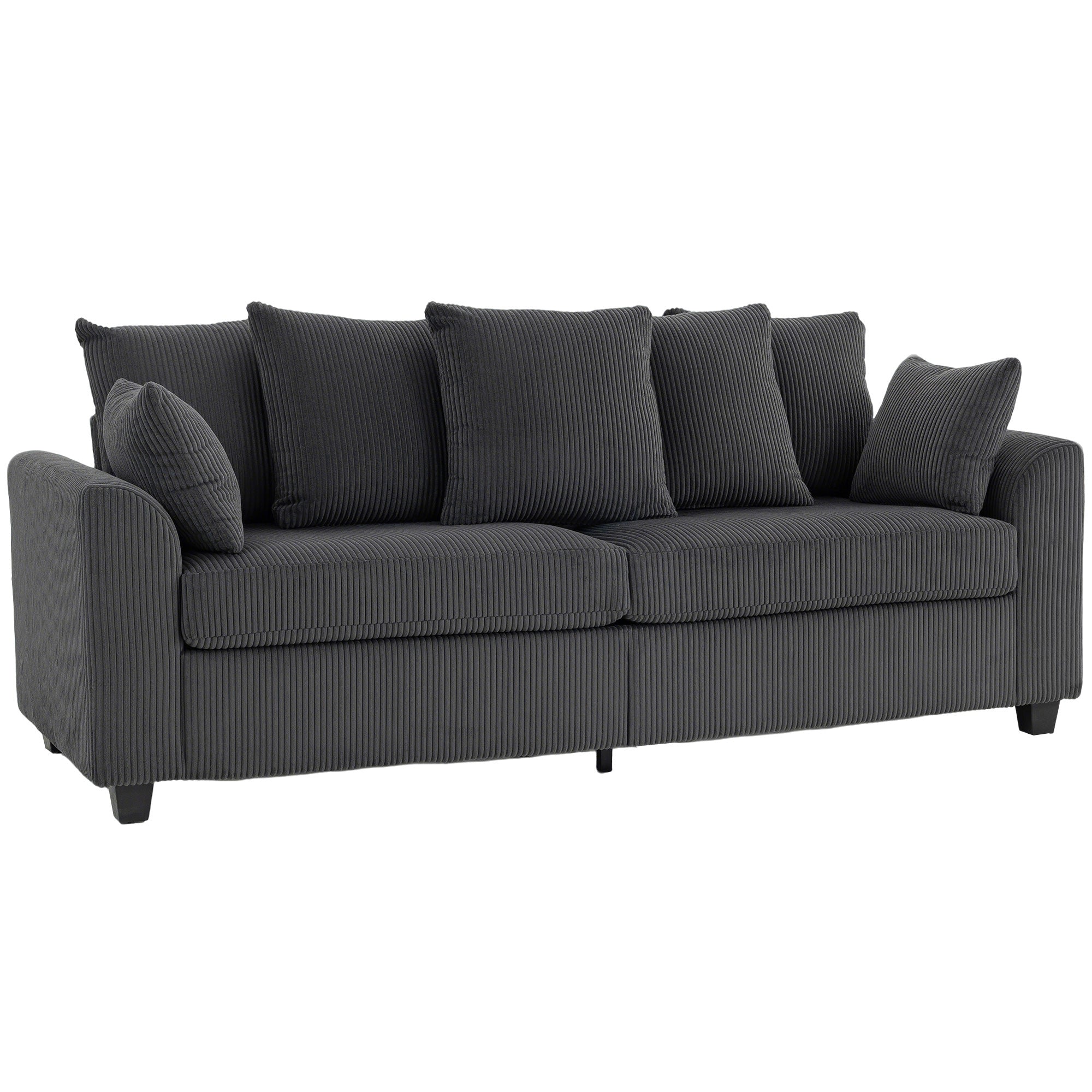 3 Seater Sofa with Curved Armrests, 83" Modern Upholstered Corduroy Couch with 8 Removable Pillows and Thick Padded for Living Room, Bedroom, Home Office, Dark Grey