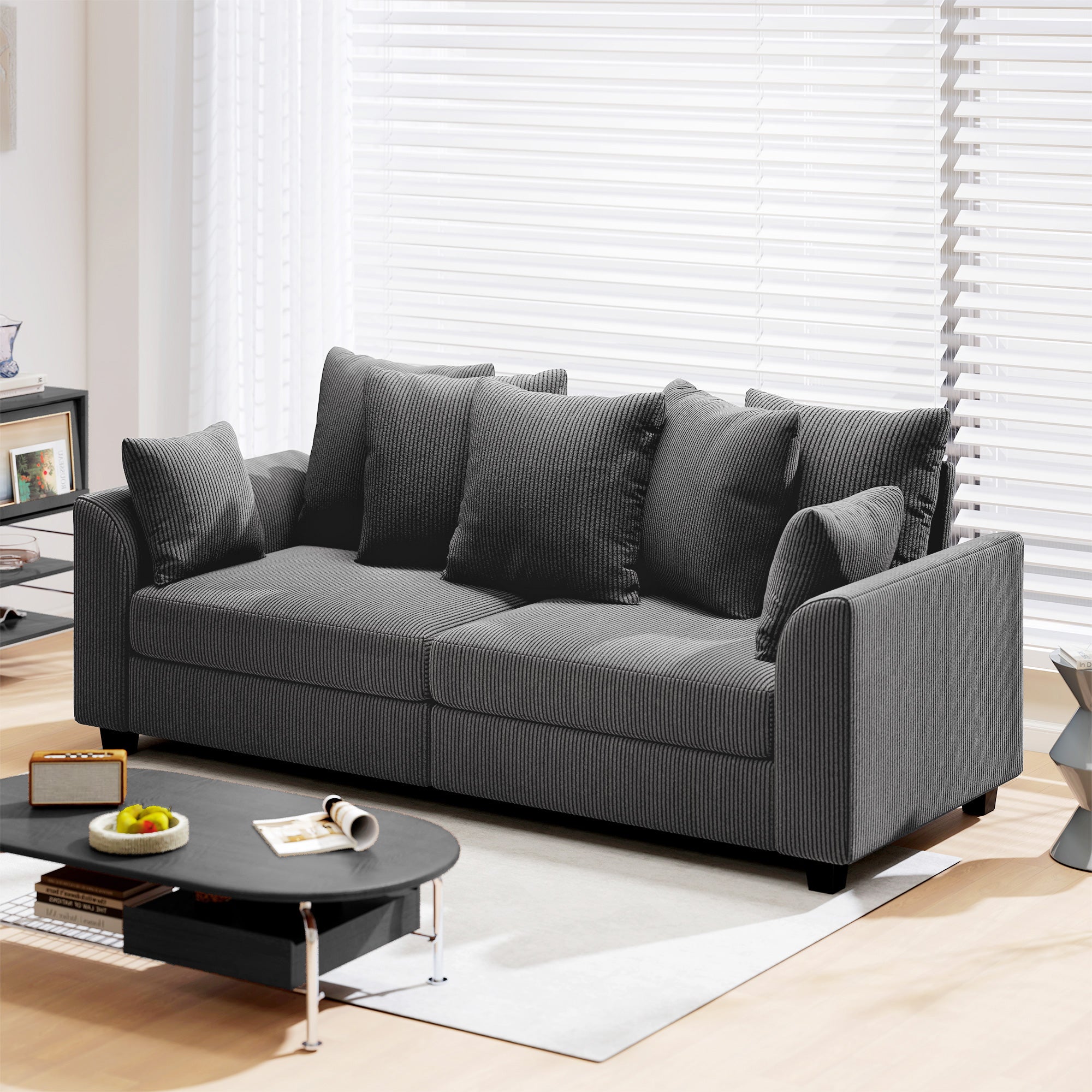 3 Seater Sofa with Curved Armrests, 83" Modern Upholstered Corduroy Couch with 8 Removable Pillows and Thick Padded for Living Room, Bedroom, Home Office, Dark Grey