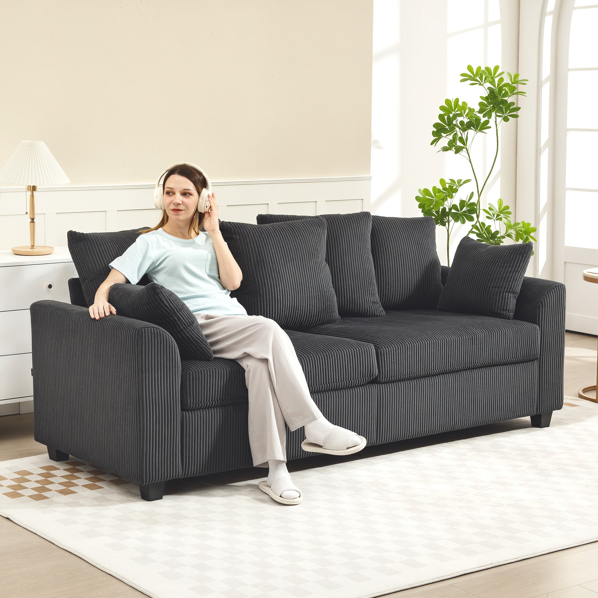 3 Seater Sofa with Curved Armrests, 83" Modern Upholstered Corduroy Couch with 8 Removable Pillows and Thick Padded for Living Room, Bedroom, Home Office, Dark Grey