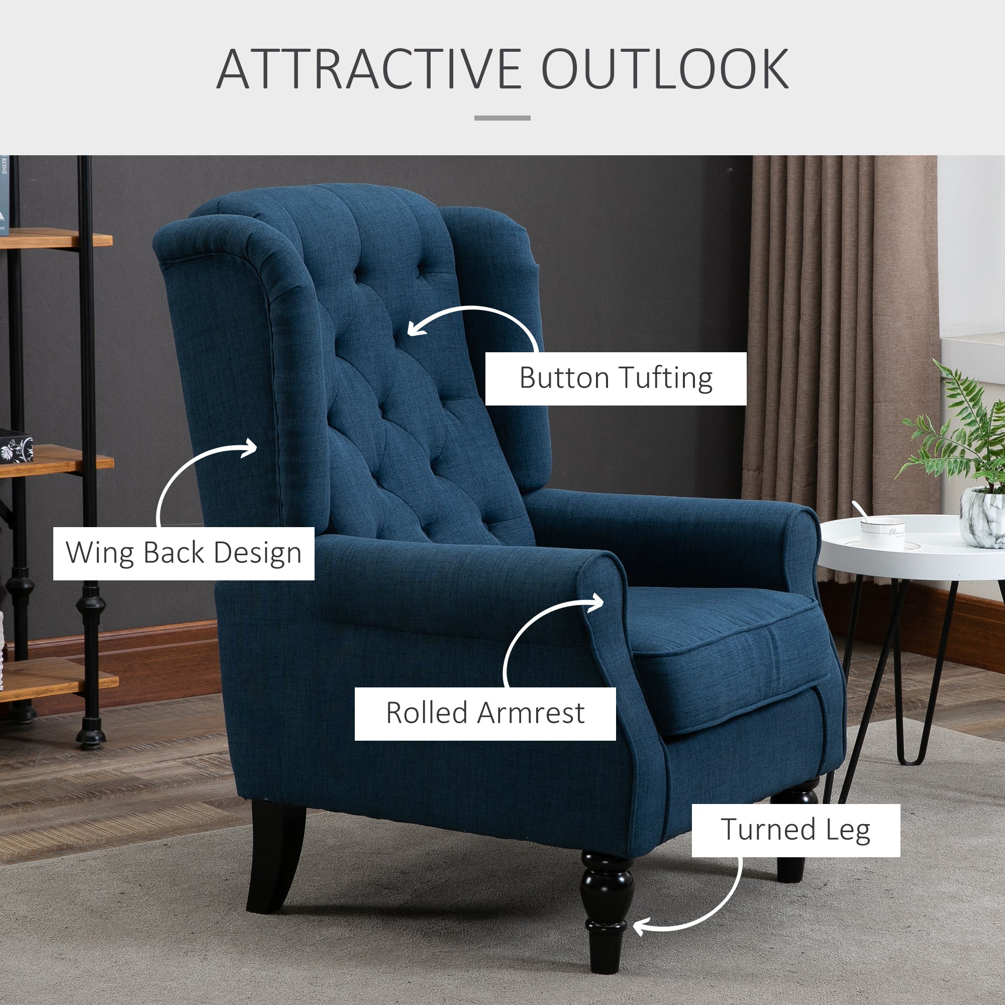HOMCOM Retro Accent Chair, Wingback Armchair with Wood Frame Button Tufted Design for Living Room Bedroom, Blue